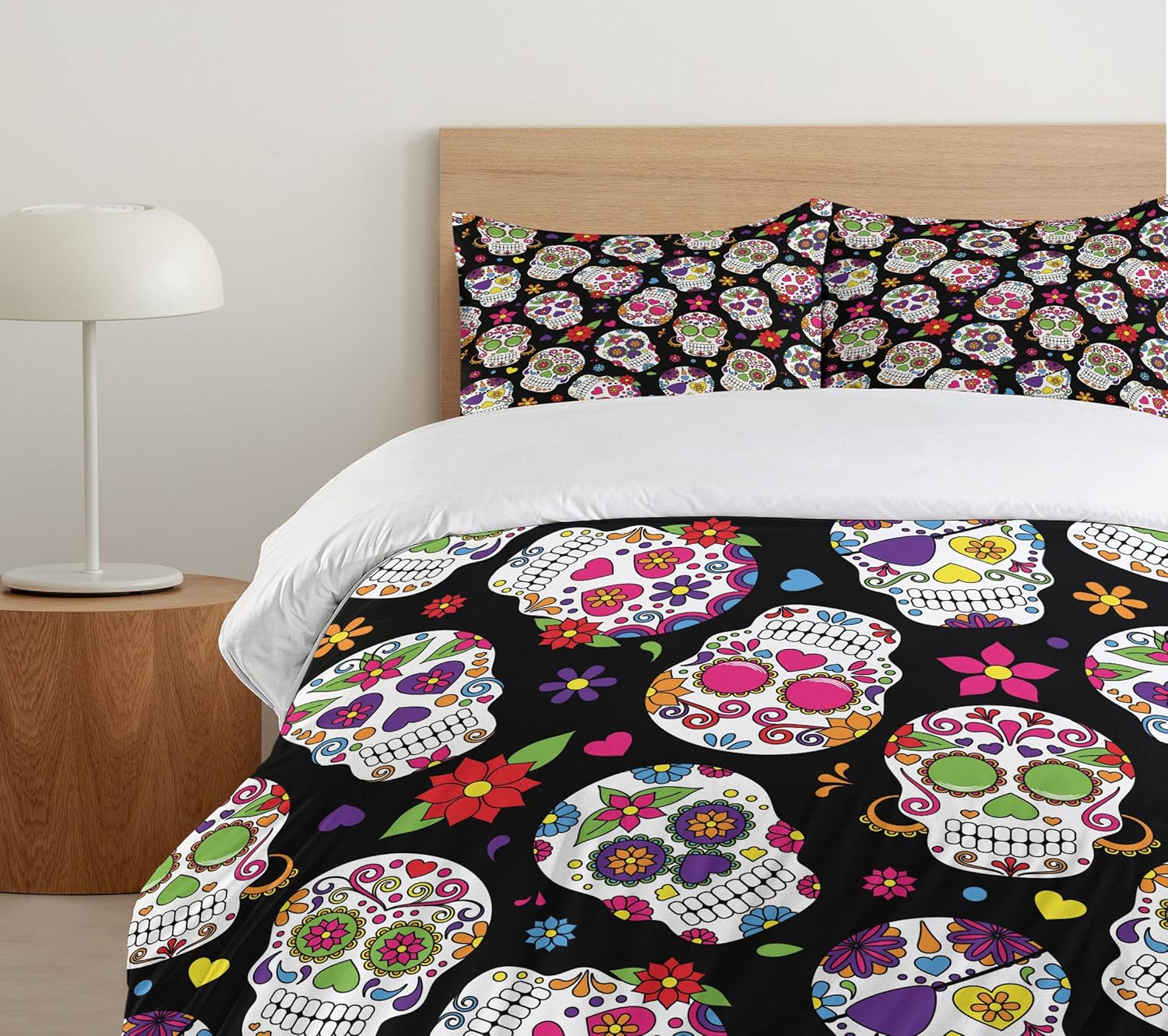Ambesonne Juego de funda de edredón de calavera de azúcar, diseño de cementerio mexicano sobre fondo negro, juego de ropa de cama decorativo de 2