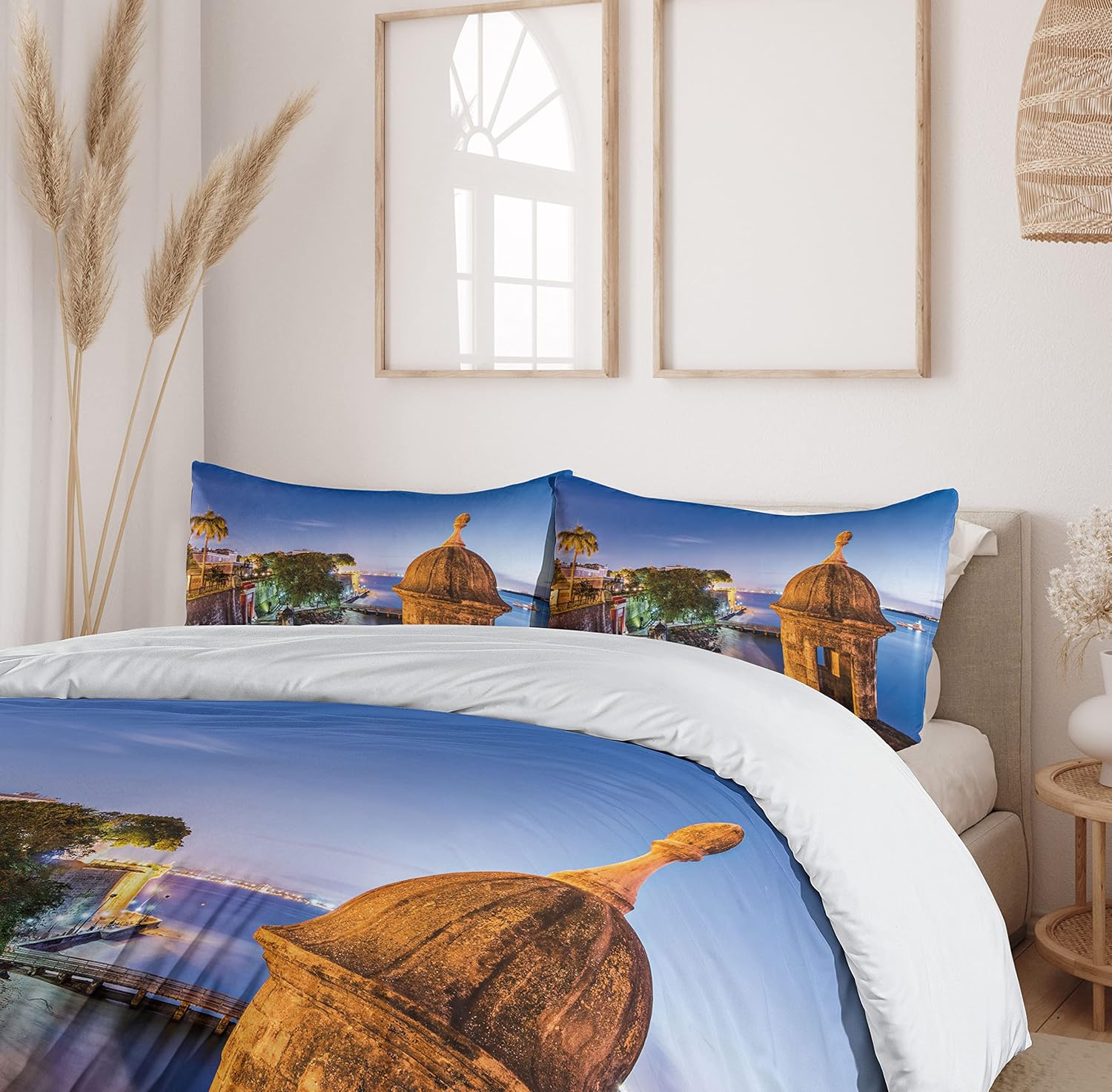 Lunarable Puerto Rico Duvet Cover Set, Coast at Paseo de la Princesa Retro Style Architectural Elements Photography, Decorative 3 Piece Bedding Set