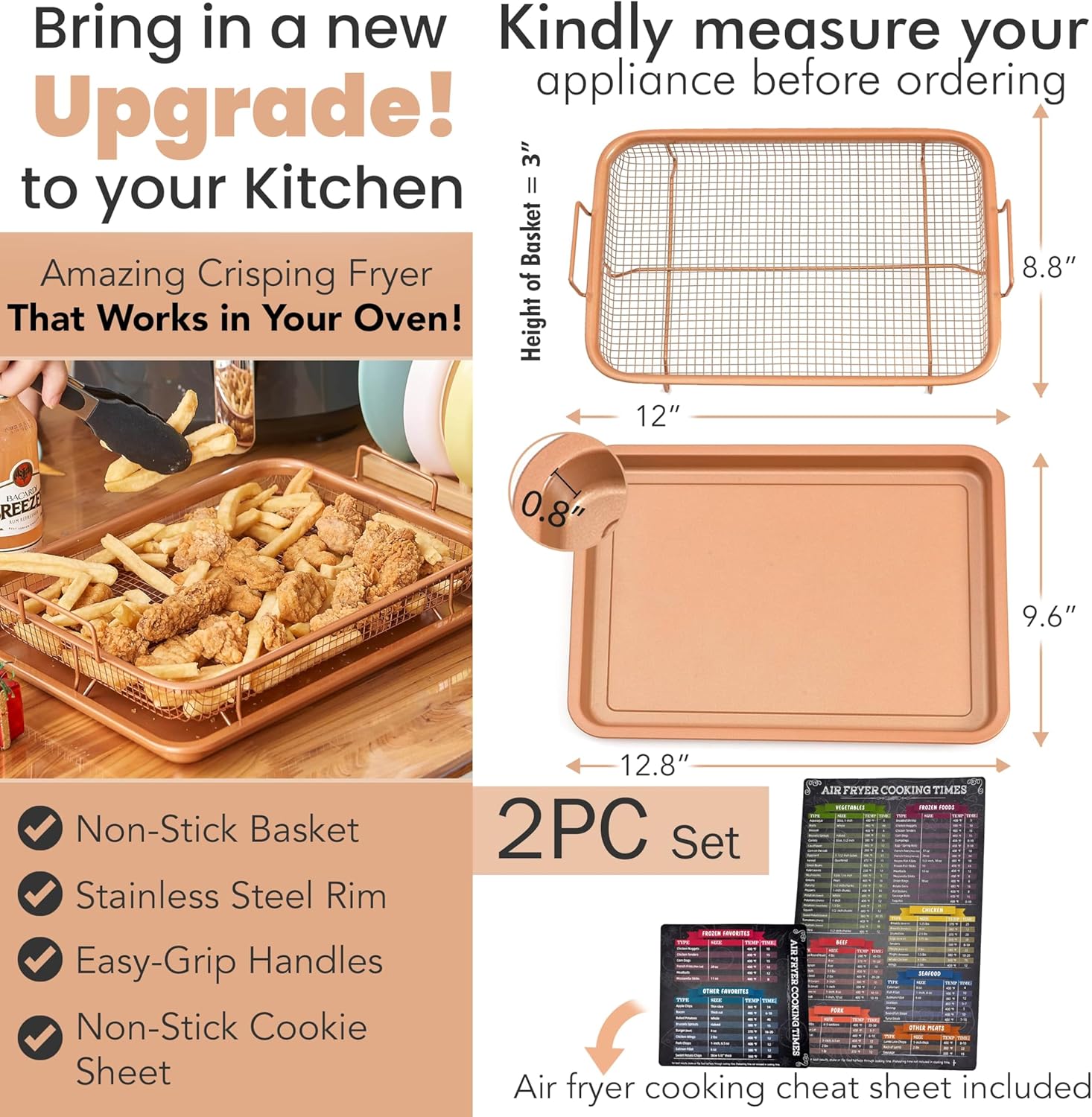 Cesta para freidora de aire para horno, estante antiadherente y bandeja para verduras con hoja de trucos incluida, cesta de malla de acero