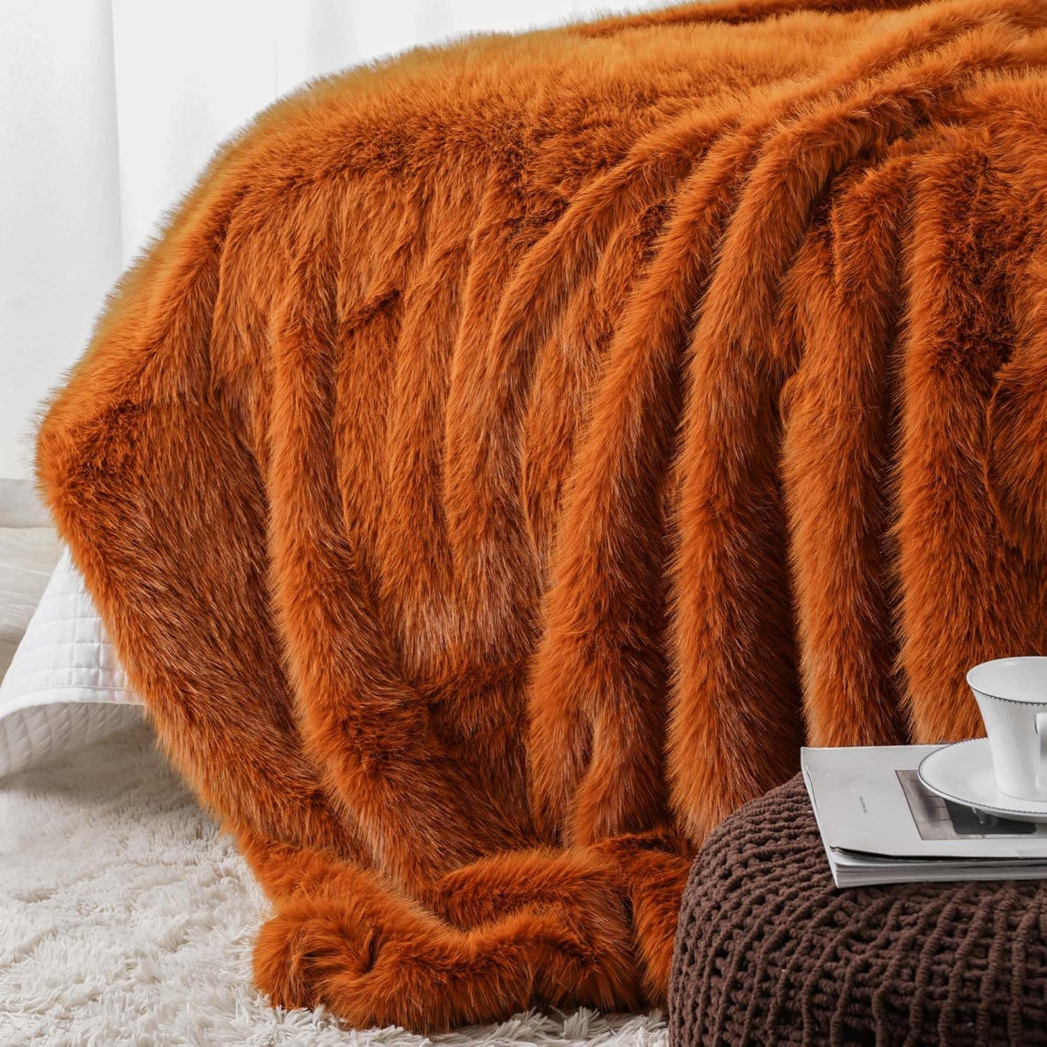 BATTILO HOME Manta de lujo de piel sintética de otoño, manta de piel naranja óxido para sofá, silla, cama, felpa suave, cálida y acogedora manta de