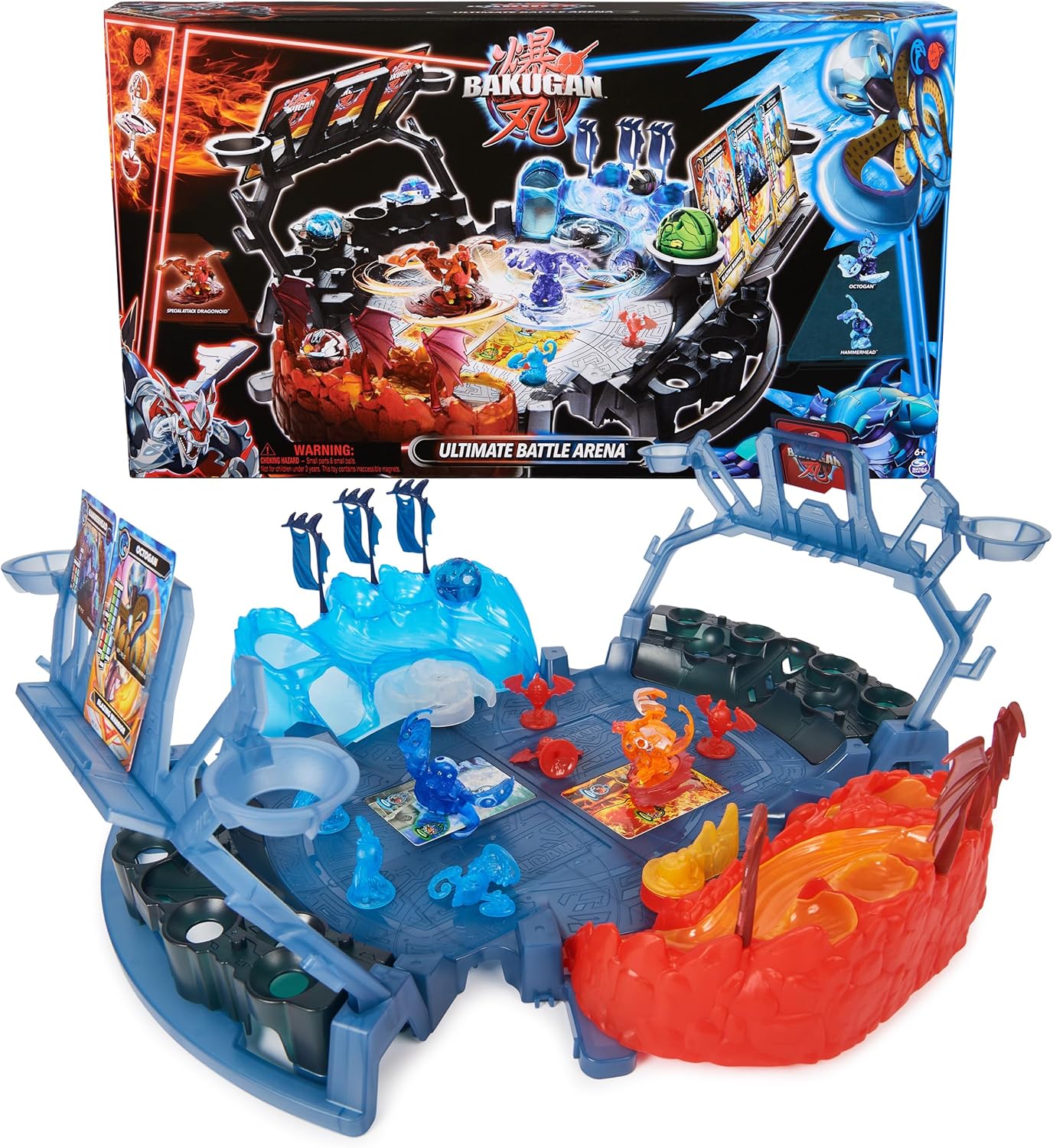 Bakugan Ultimate Battle Arena Playset con ataque especial Dragonoid, Octogan, Hammerhead personalizable, figuras de acción y juego giratorias,