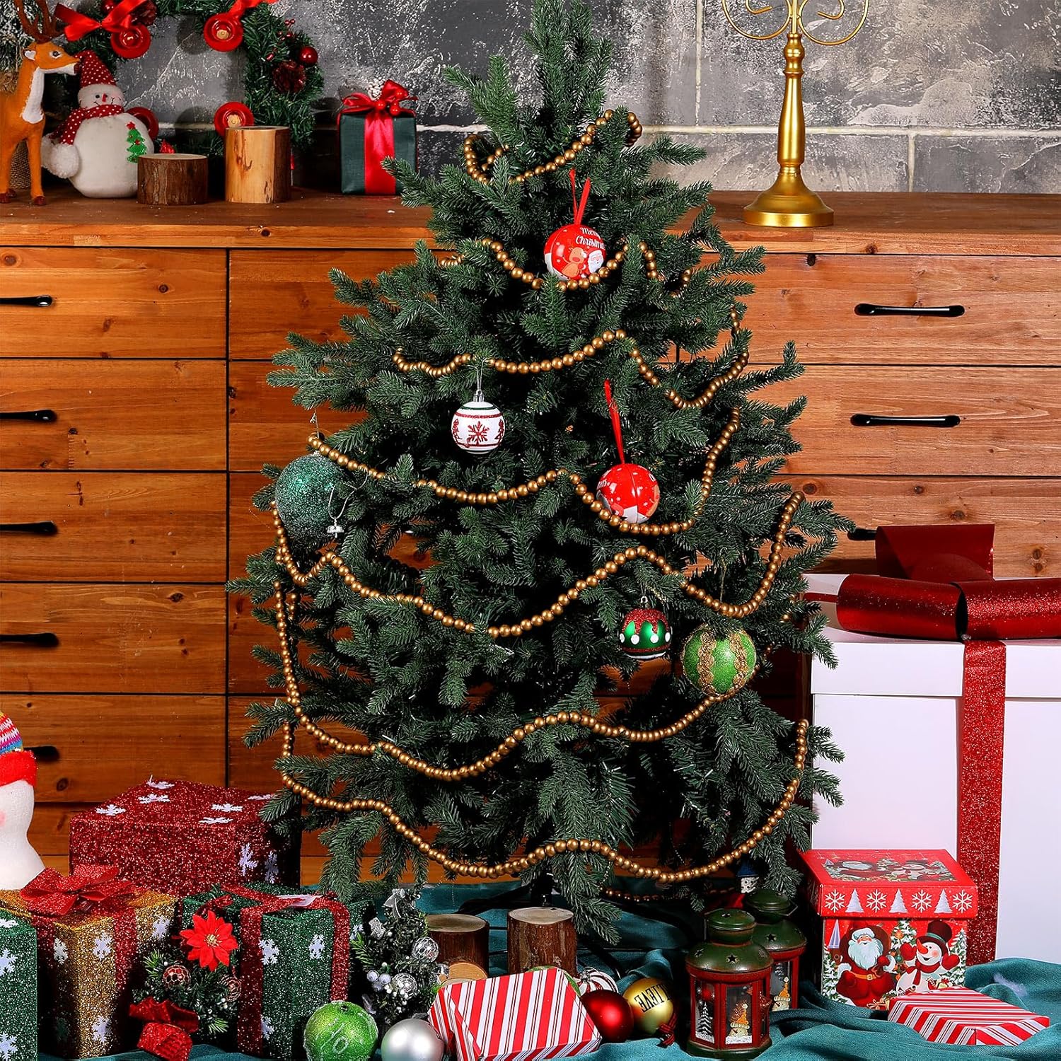 Frienda Guirnalda de cuentas de madera de Navidad de 100 pies, decoración de árbol de Navidad con cuentas de madera, cuentas decorativas de granja,