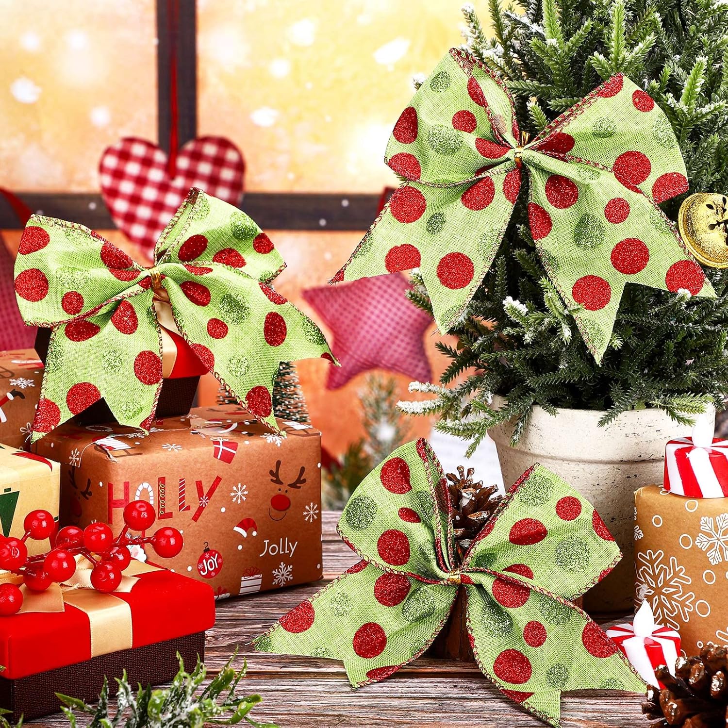 Jetec 12 lazos de Navidad rojos y verdes para decoración de coronas de Navidad grandes de 6 pulgadas, lazos de árbol de elfo, lazos de punto,