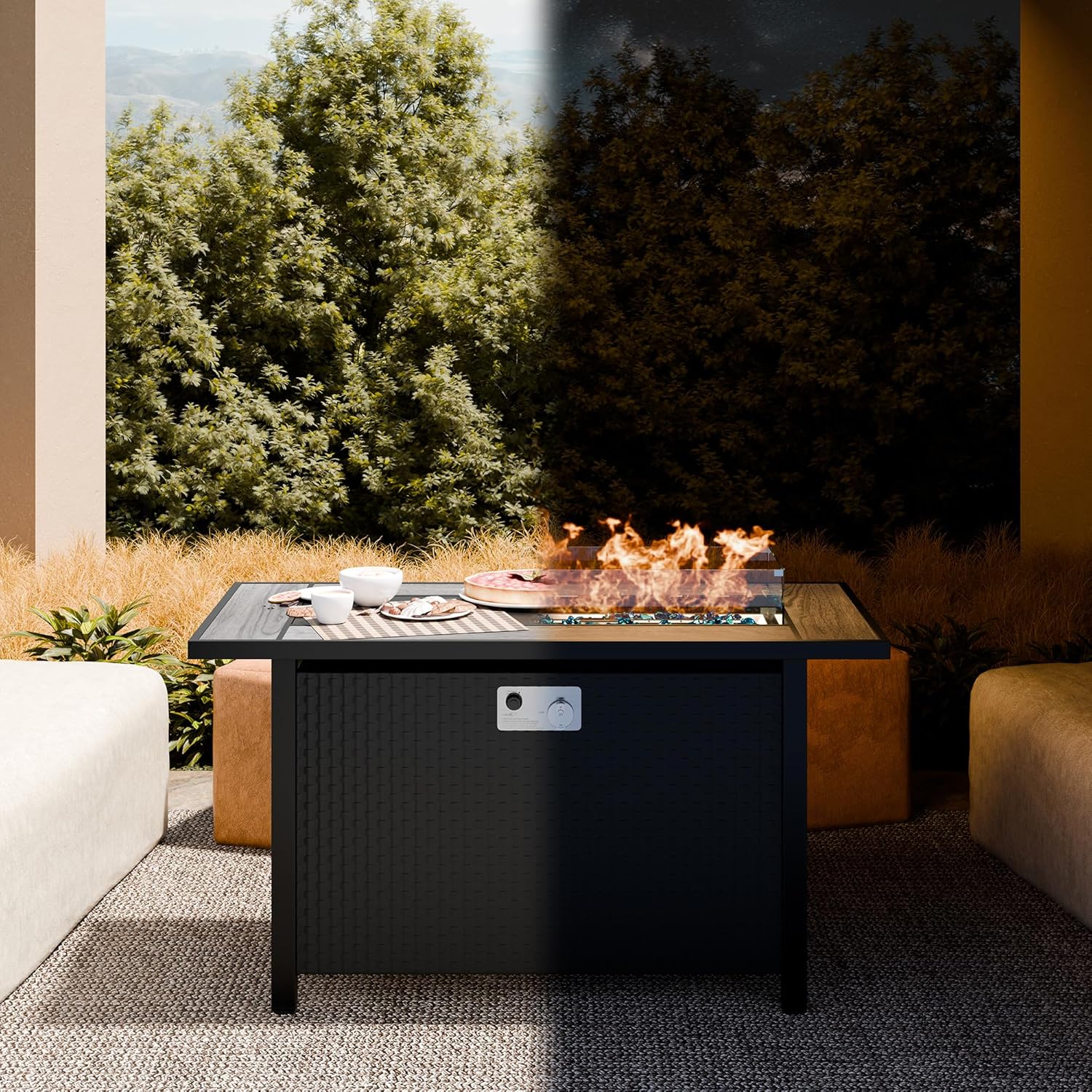 JAMFLY Mesa para fogata de propano para exteriores de 45 pulgadas con tapa, fogatas de gas de 50,000 BTU para patio exterior con protector de viento