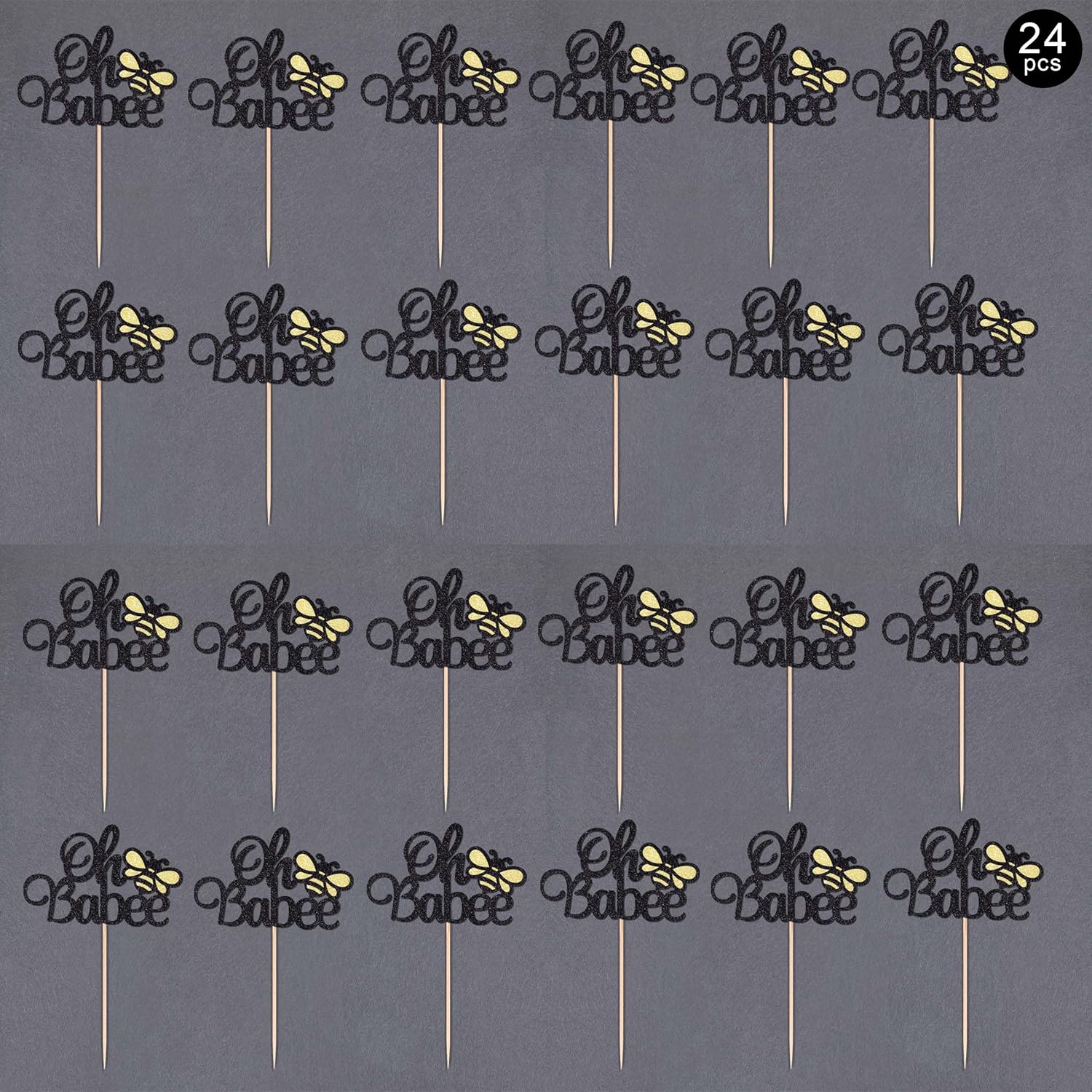 24 piezas Oh Babee para cupcakes con purpurina negra de doble cara Sweet Bumble Bee Baby Cupcake Picks Baby Shower para decoración de pasteles