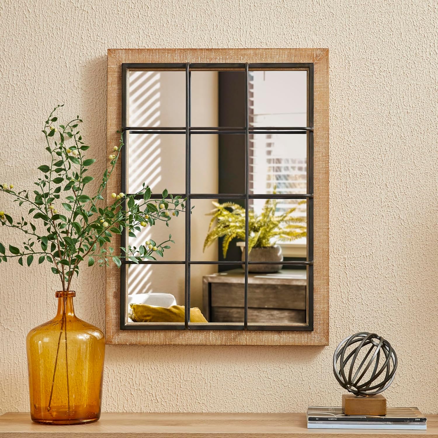 Glitzhome Espejo de pared para ventana, 24 x 32 pulgadas, espejo de pared decorativo de granja, rectangular colgante de madera y marco de metal,