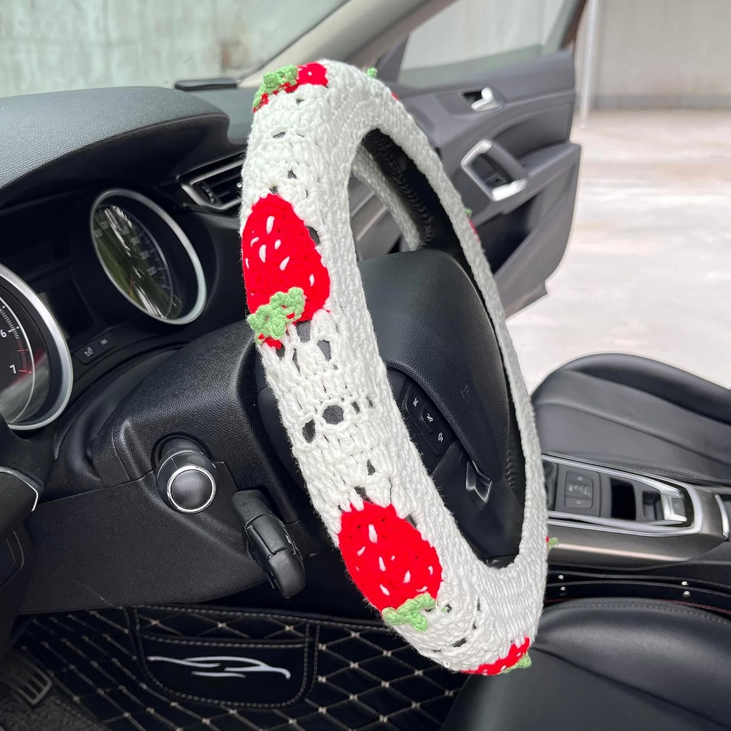 Juego de fundas de ganchillo para volante de automóvil, diseño bohemio de 14 a 15 pulgadas, diseño cuadrado de fresa blanca, accesorios de automóvil