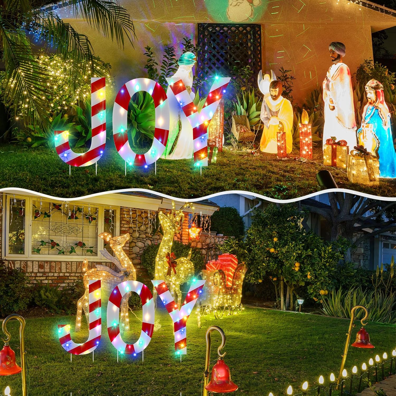 Letrero LED JOY de Navidad con estacas y luces, diseño de caramelo de menta roja, letrero LED JOY para patio, jardín, Candyland, Navidad, decoración