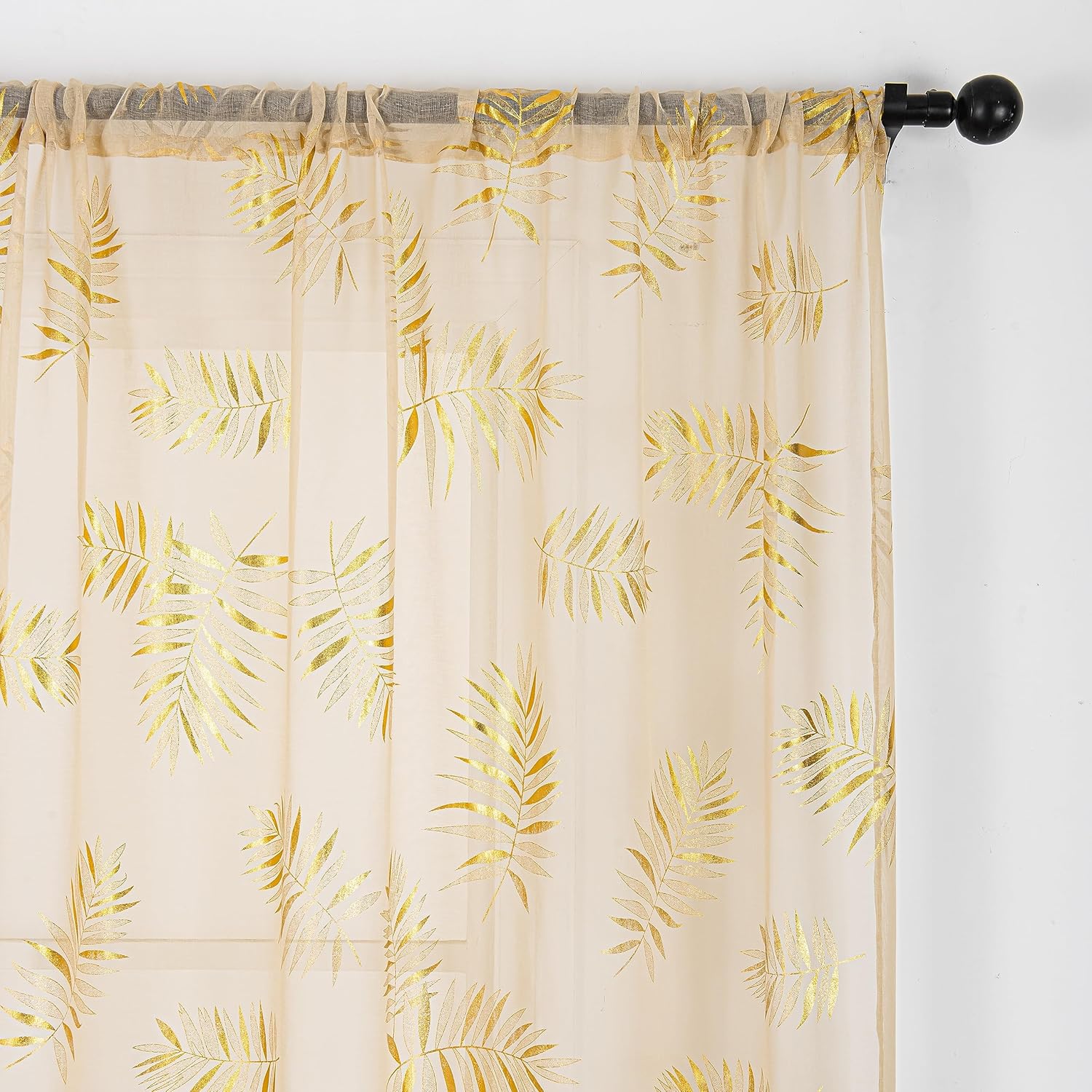 Sutuo Home Juego de 2 paneles de cortinas traslúcidas color caqui de 96 pulgadas de largo, hojas tropicales bronceadas metálicas con estampado