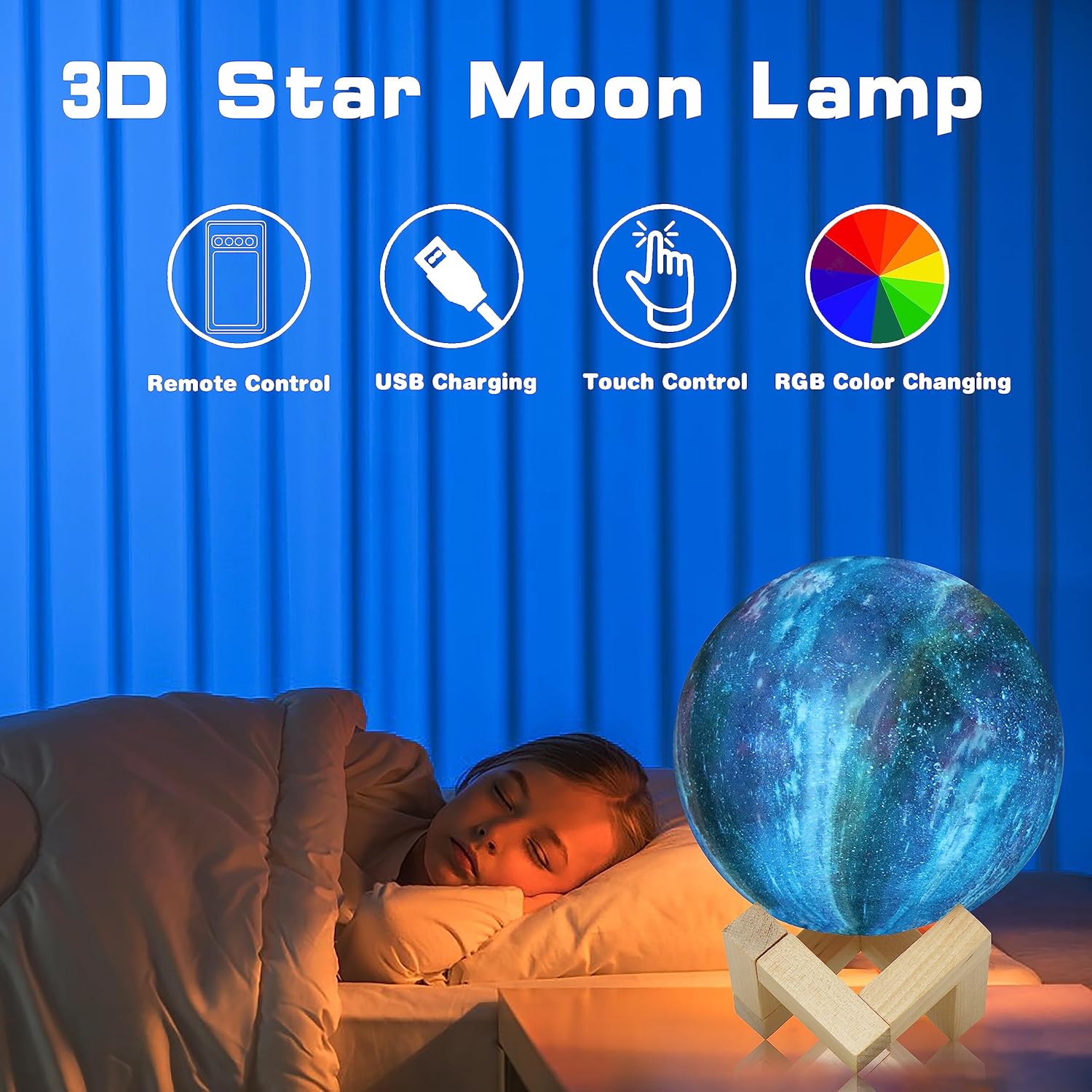 Lámpara de luna de galaxia, 7.87 pulgadas, 16 colores, luz de luna LED 3D con soporte, recargable por USB, táctil y control remoto, luz nocturna de