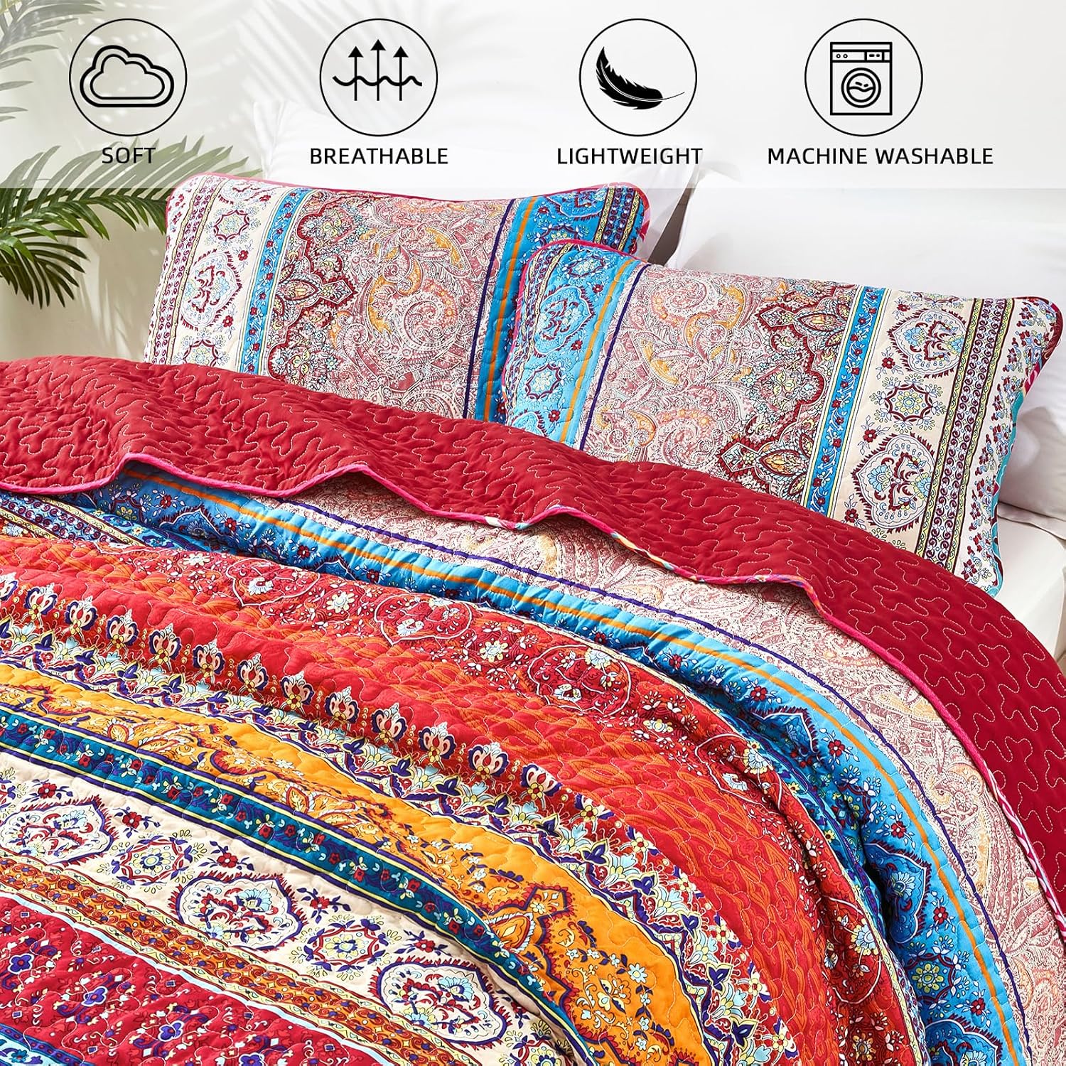 WONGS BEDDING Juego de edredón bohemio tamaño King, juego de colcha de 3 piezas de rayas rojas bohemias de microfibra ligera para todas las