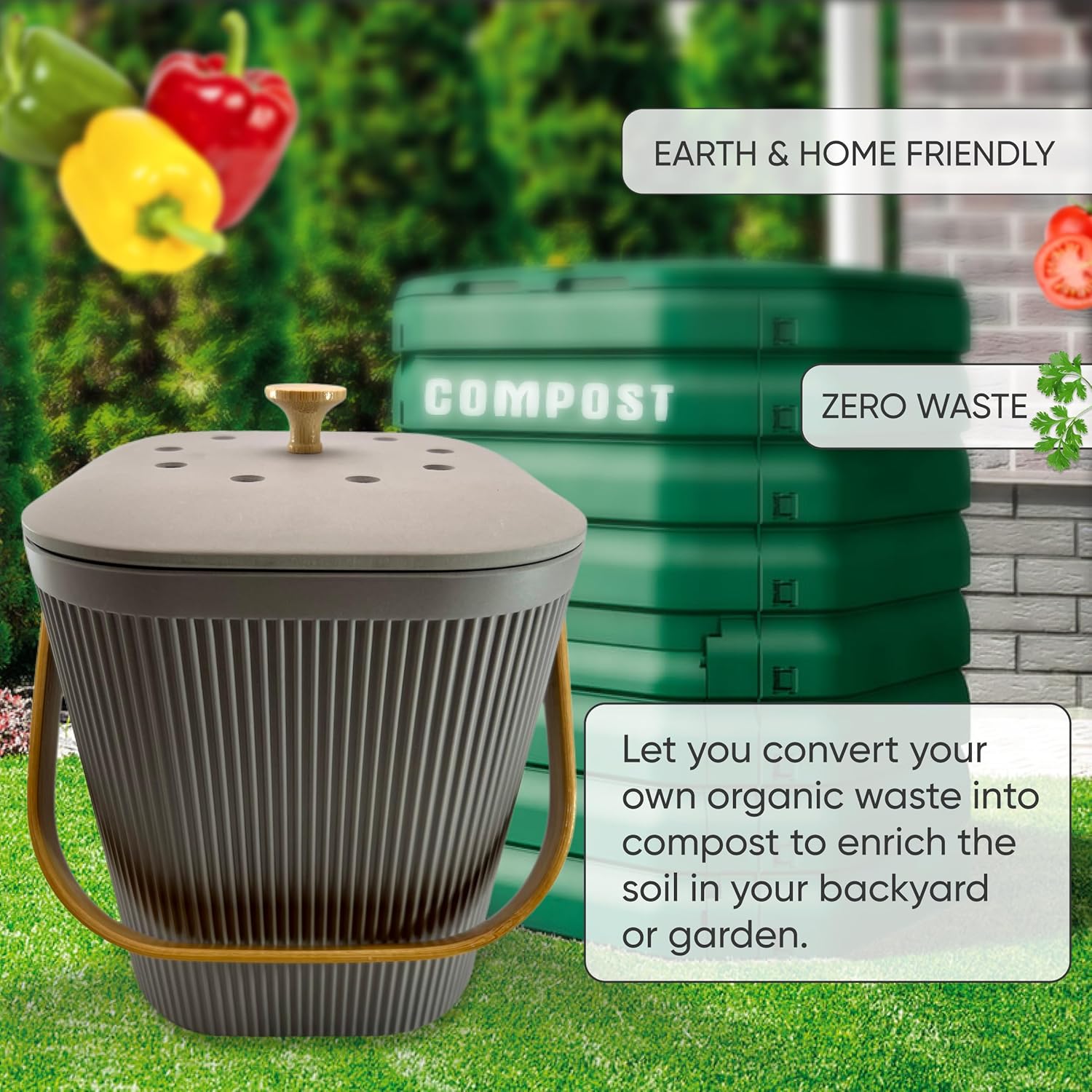 Contenedor de compost de cocina con filtros de carbón, compostador de alimentos sostenible de fibra de bambú para encimera, cubo de compostaje para