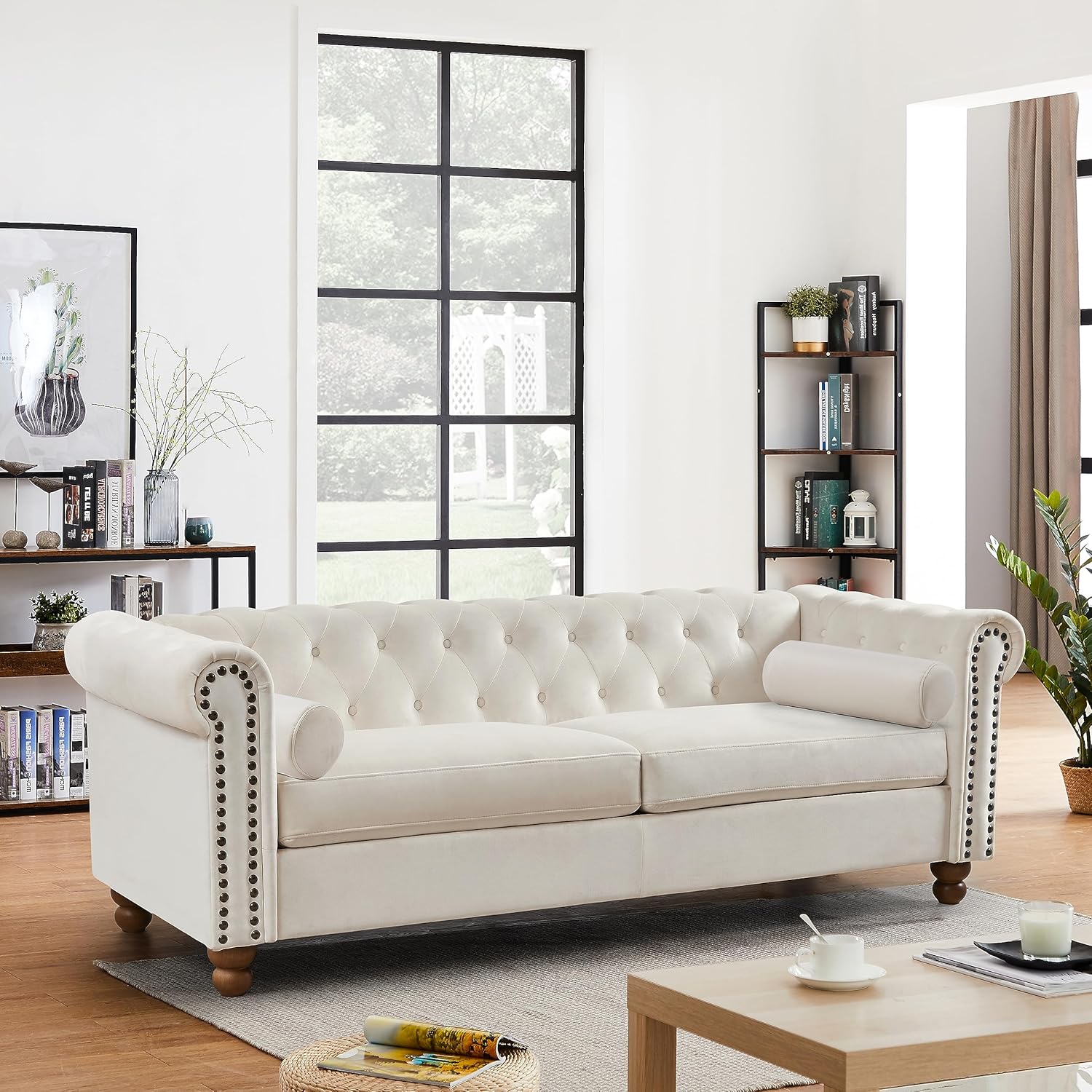 Chesterfield – Sofá moderno tapizado cómodo con asientos profundos, sofá de 3 plazas con 2 almohadas para sala de estar, apartamento, oficina, sala