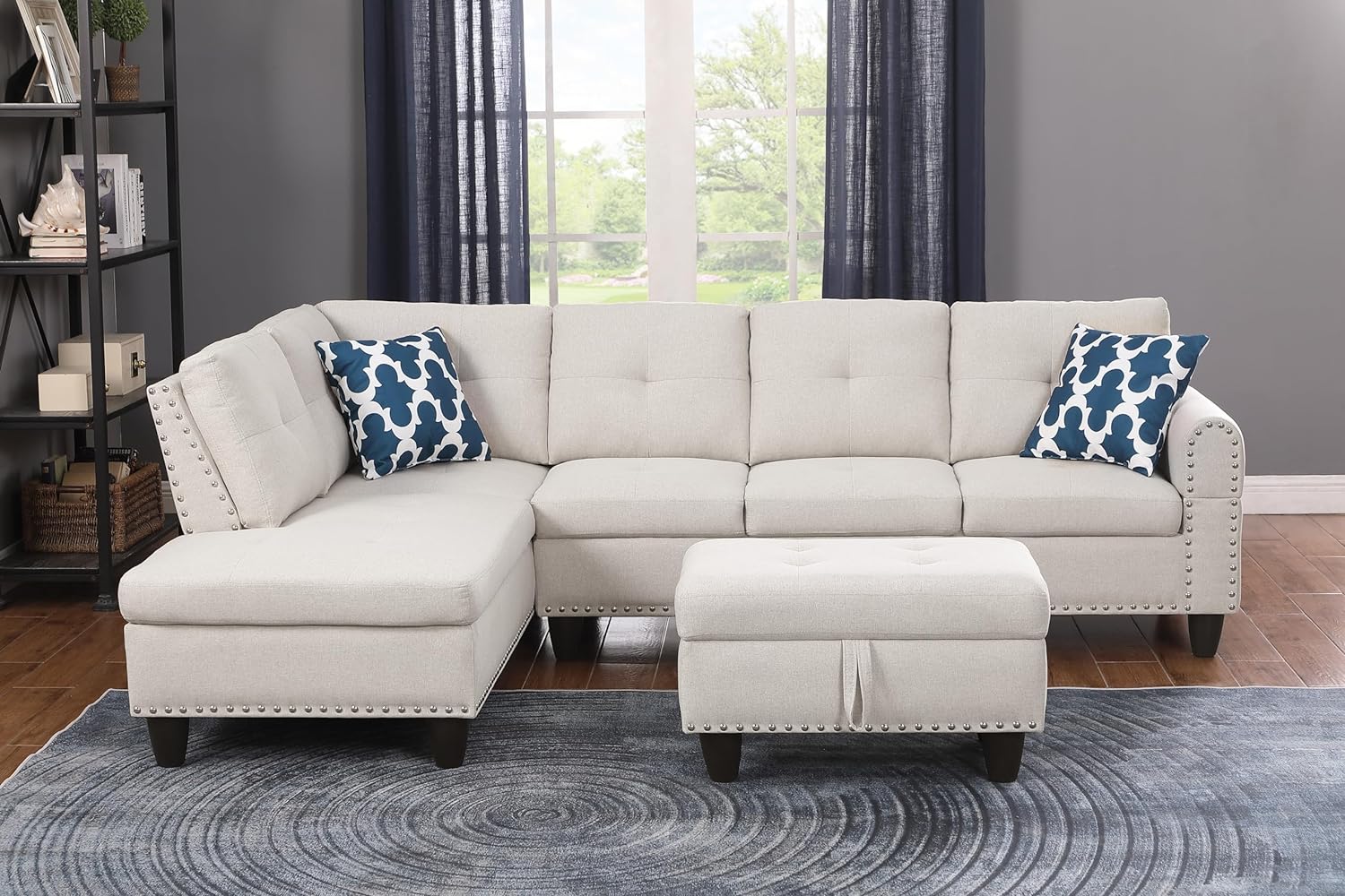 L Shaped Modular Sectional Sofa with Chaise Lounge and Storage Ottoman , Reversible Sleeper Corner Couch w Drop Down Backrest & Cupholders ,5