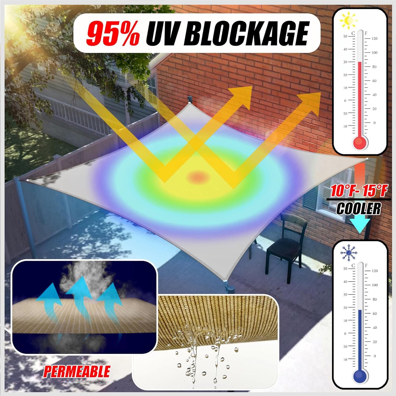 ColourTree Toldo rectangular de tela de 10 x 16 pies, color gris, permeable al agua y bloqueo UV UPF50, resistente, para patio al aire libre