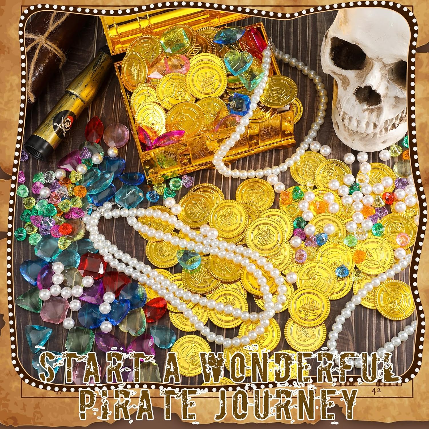 Juego de 319 monedas falsas de oro pirata, tesoro pirata, gemas y joyas piratas de plástico, decoración de fiesta pirata, tesoro para aventuras