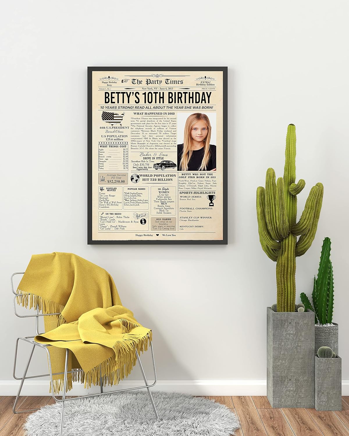 Regalos personalizados de cumpleaños número 10, decoración de fiesta para niños, niñas, hijo, hija, niños, decoración de póster de periódico vintage