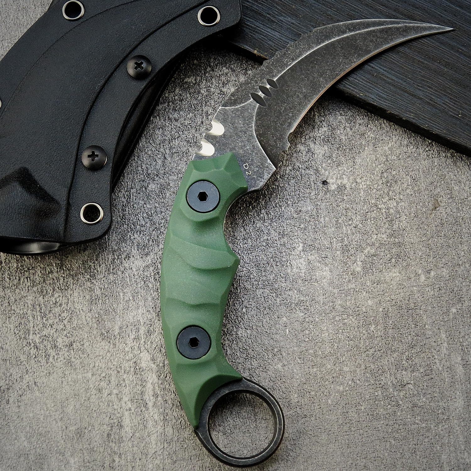 Gtkii GTK691 Cuchillo de hoja fija, hoja de acero D2, cuchillo de garra de mango de fibra de vidrio de nailon con funda Kydex para acampar al aire