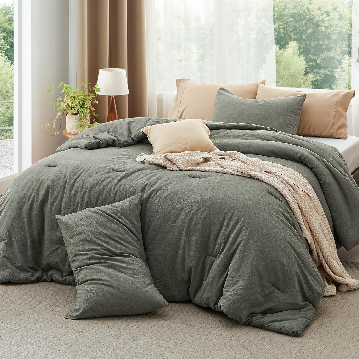 Bedsure Juego de edredón Queen  Tela de algodón con relleno interior de microfibra, edredón verde oliva grisáceo tamaño Queen para todas las