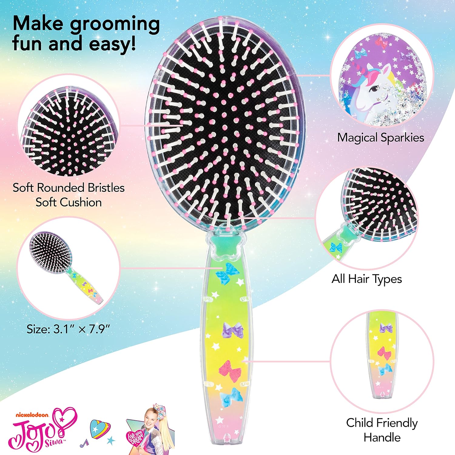 Jojo Siwa Unicorn – Cepillo de pelo con confeti para niñas, color arcoíris, a partir de 3 años