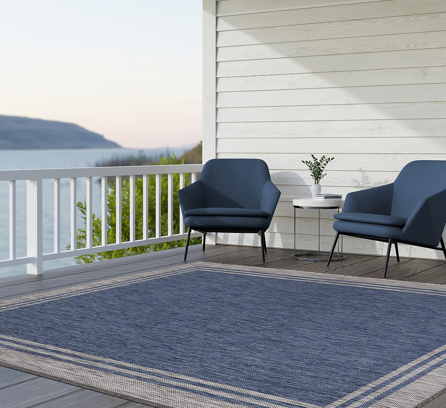 Alfombra lavable para interiores y exteriores, resistente a la intemperie, para porche, terraza, balcón, patio, 10 x 14 pulgadas, borde azul