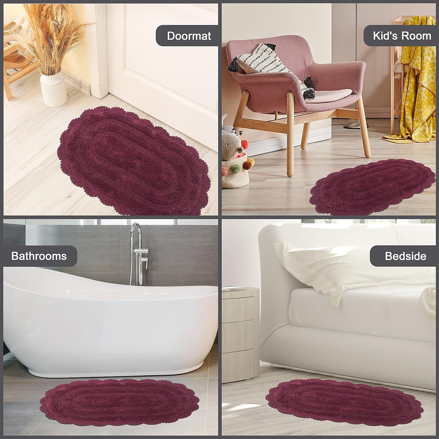 Chardin home Alfombra de baño de ganchillo burdeos, 100% algodón ovalada con borde de ganchillo artesanal hecho a mano, 21 x 34 pulgadas, alfombra