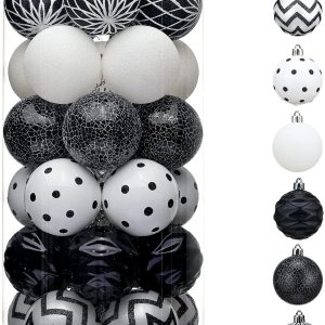 Valery Madelyn Juego de adornos de bolas de Navidad inastillables, 30 unidades, blanco y negro, 2.36 pulgadas, decoraciones modernas para colgar Valery Madelyn Juego de adornos de bolas de Navidad inastillables, 30 unidades, blanco y negro, 2.36 pulgadas, decoraciones modernas para colgar