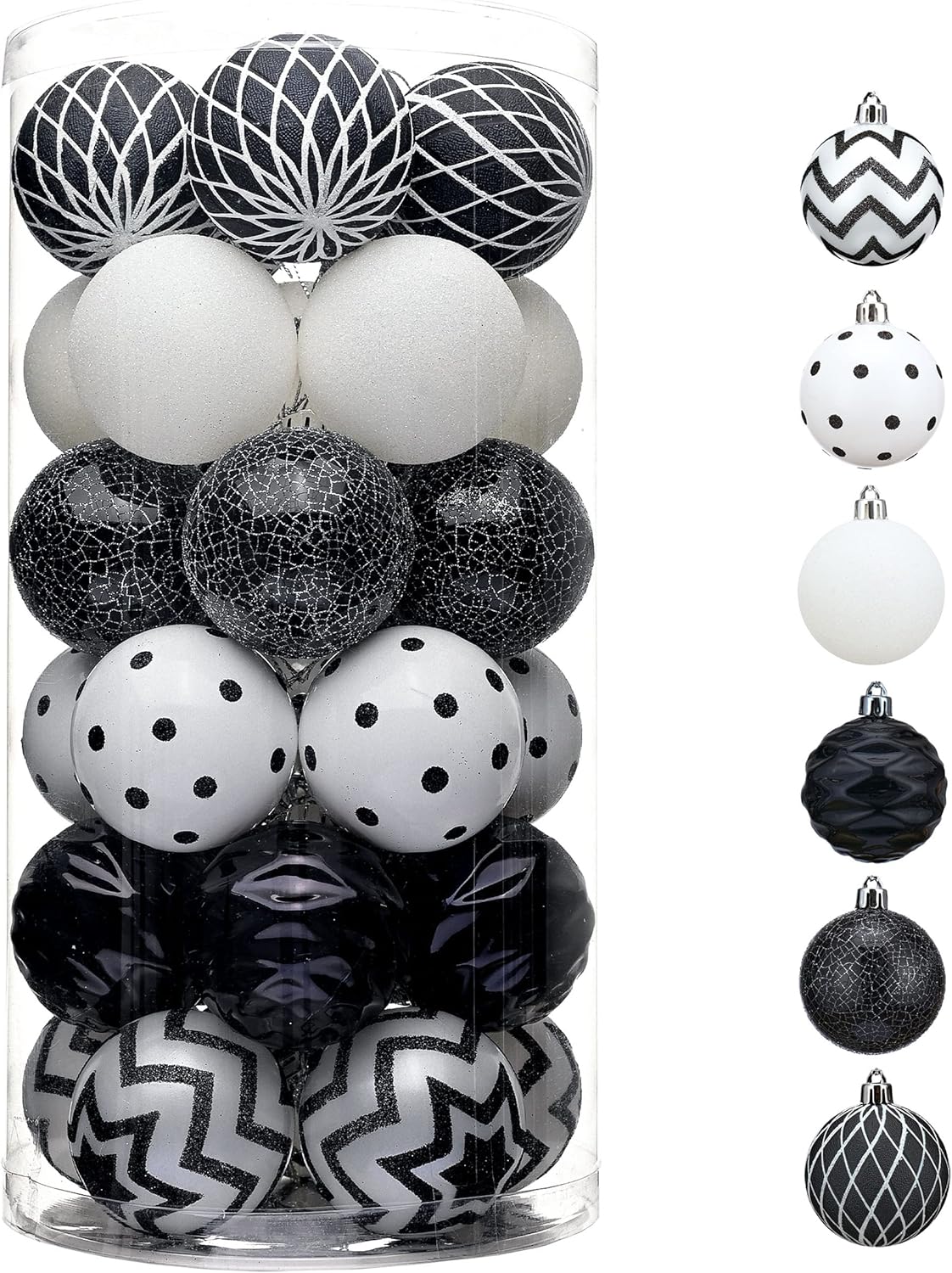 Valery Madelyn Juego de adornos de bolas de Navidad inastillables, 30 unidades, blanco y negro, 2.36 pulgadas, decoraciones modernas para colgar