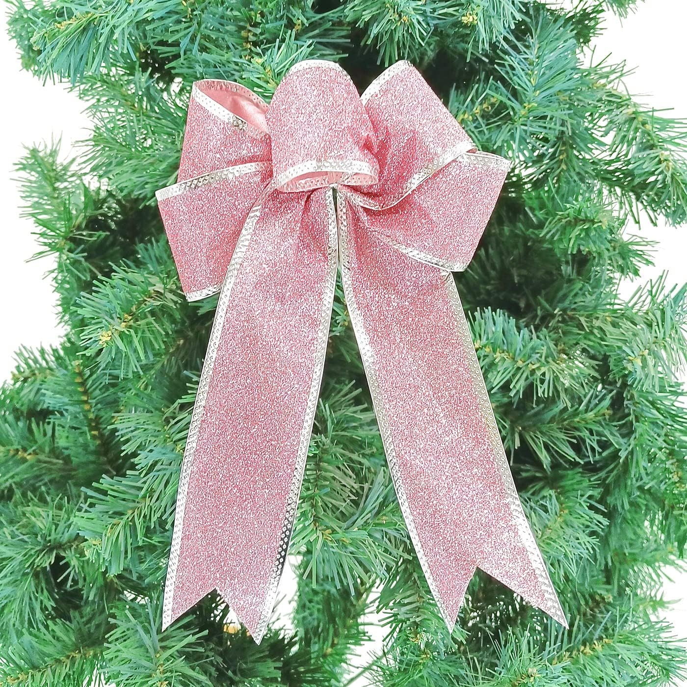 12 piezas de lujo de 8 pulgadas con purpurina rosa artificial, lazo de Navidad para árbol de Navidad, coronas, decoración de caja de regalo, adorno