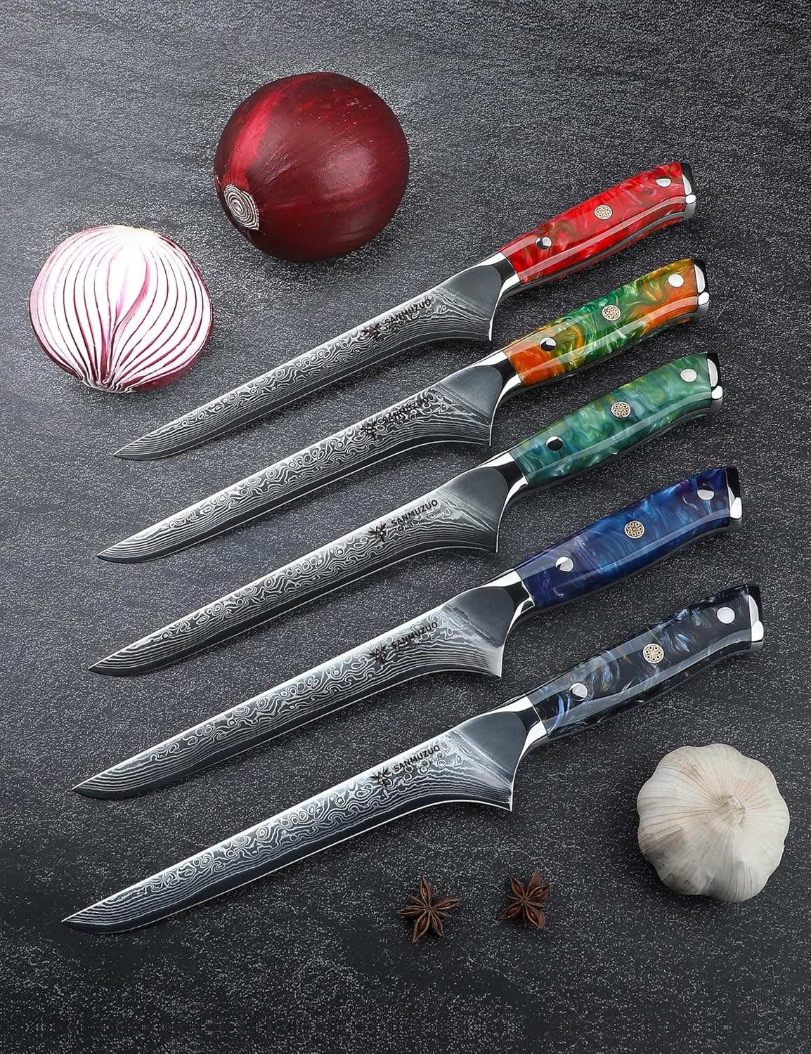 SANMUZUO Cuchillo Bonning – Cuchillo de filete de 7 pulgadas – Serie Xuan – Cuchillo de corte de carne de acero Damasco VG10 – Mango de resina