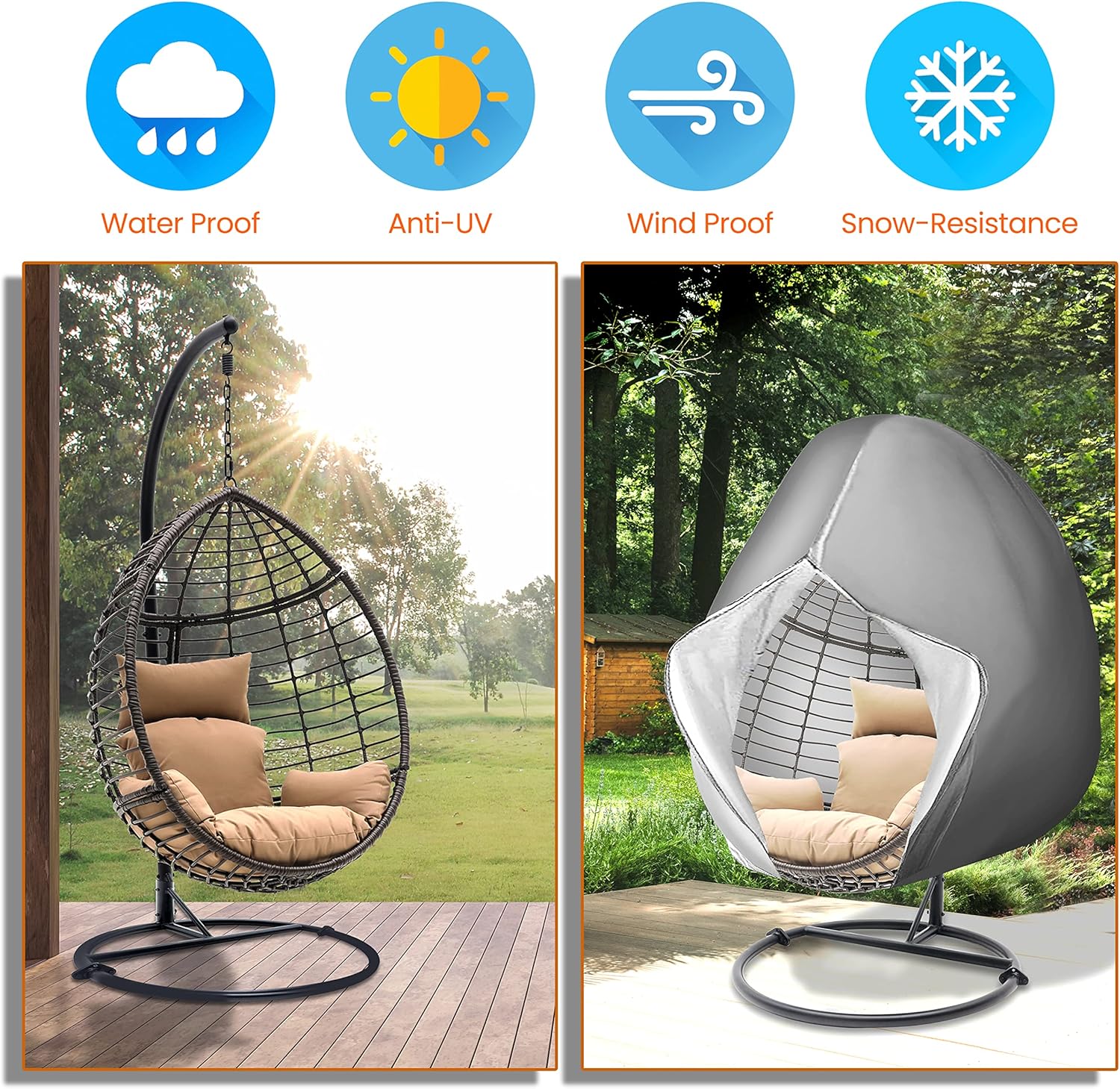 SerenelifeHome Funda para silla colgante de huevo, 75 x 45 pulgadas, impermeable, resistente al viento, con cremallera y cordón de dobladillo,
