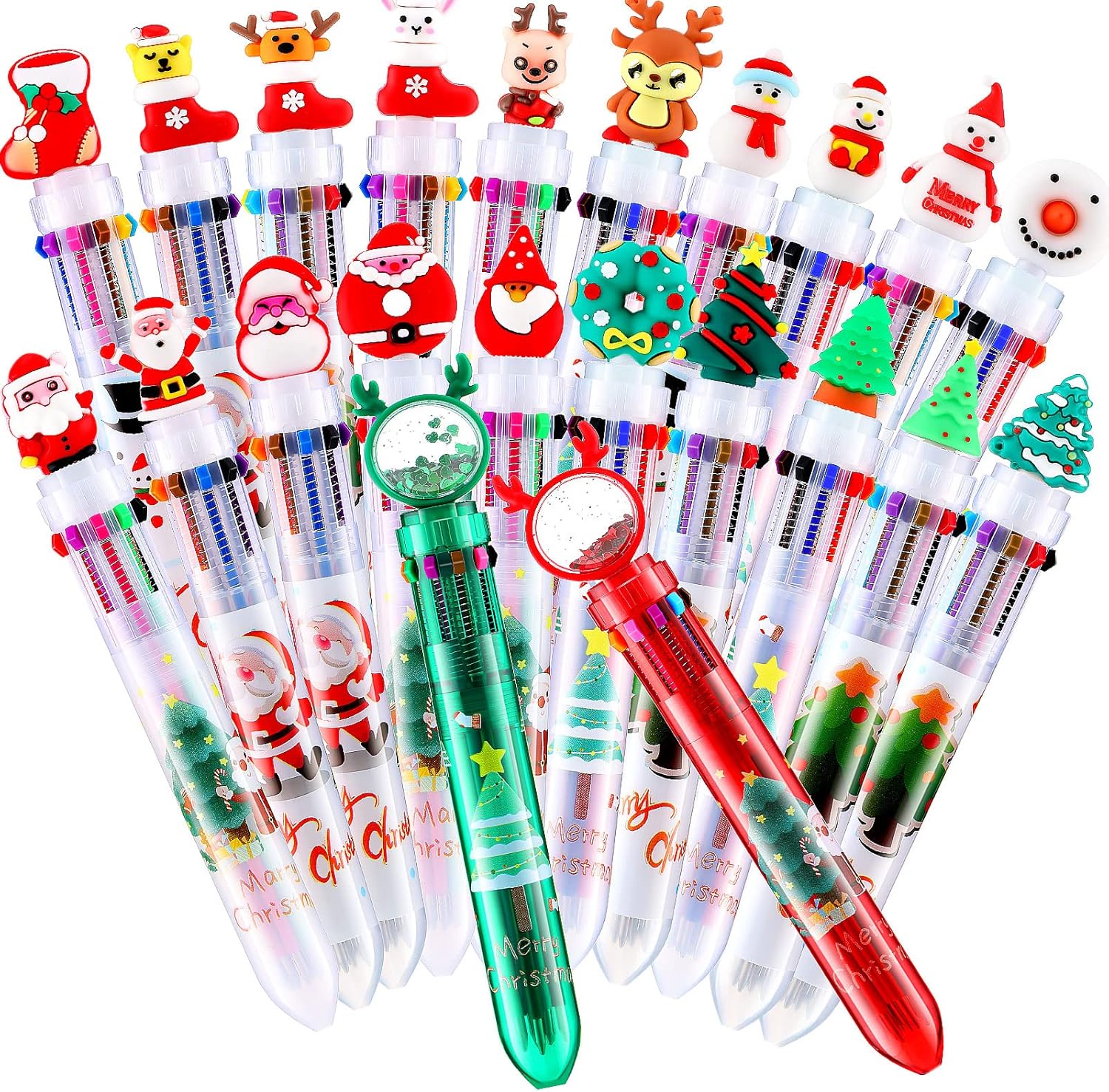 Yexiya Bolígrafo multicolor de Navidad 10 en 1, bolígrafos retráctiles de colores, árbol de Navidad, Papá Noel, muñeco de nieve, reno, lindos