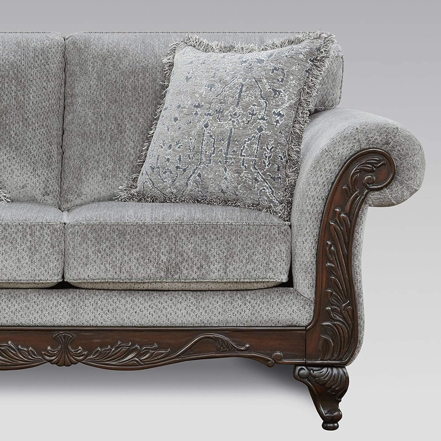 Roundhill Furniture Hernen – Juego de sofá y sofá biplaza con marco de madera tallada, color gris