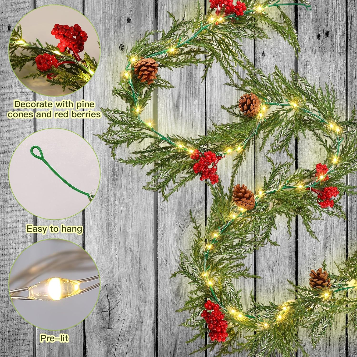 Sosation 8 juegos de guirnaldas de Navidad iluminadas de 6 pies con luces, guirnalda de vegetación artificial preiluminada con bayas rojas de pino