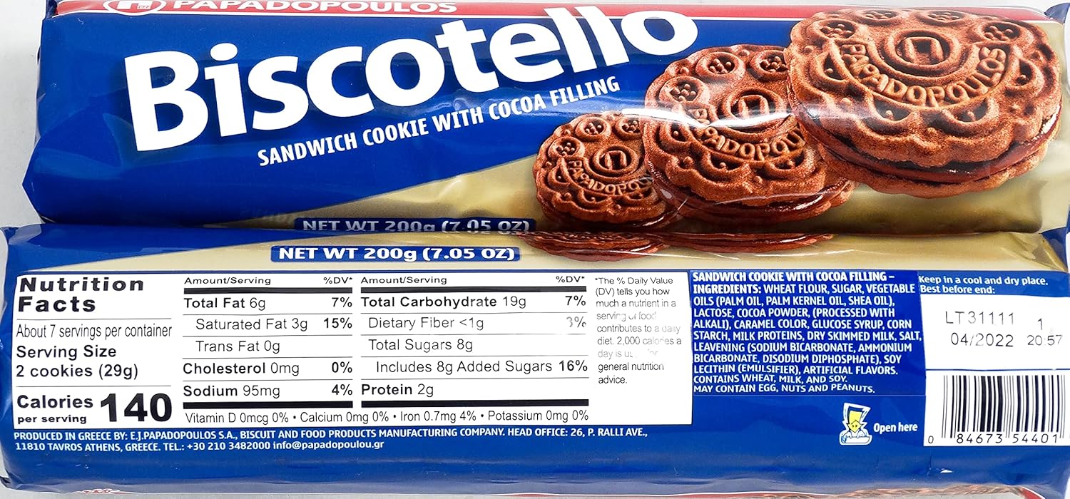 Papadopoulos Galletas griegas sándwich con relleno de cacao, paquete de 2. Galletas europeas auténticas. Inspeccionadas y empaquetadas por Cape Moda
