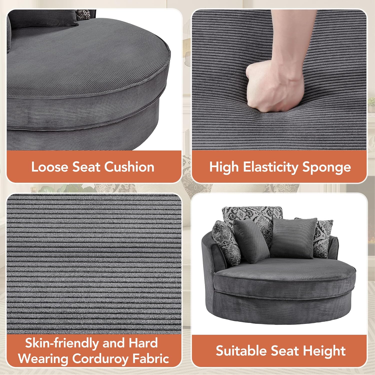 Merax, Silla redonda de 51.5 pulgadas de 51.5 pulgadas con diseño de barril giratorio de 360 grados, sofá redondo con 5 almohadas movibles, sofá