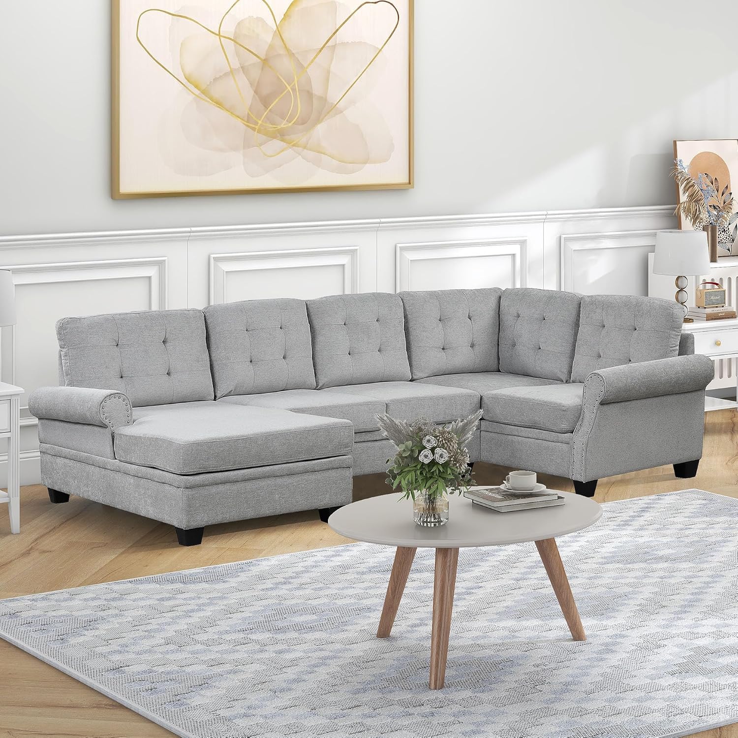 Sofá modular moderno en forma de U de 120 pulgadas, sofá tapizado de tela de lino para sala de estar y dormitorio, muebles grises elegantes