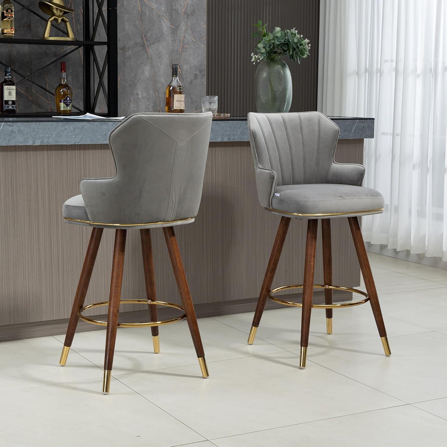 Juego de 2 taburetes de bar, sillas de bar de terciopelo con patas de madera, taburetes de bar de 27.95 pulgadas de altura de mostrador con respaldo