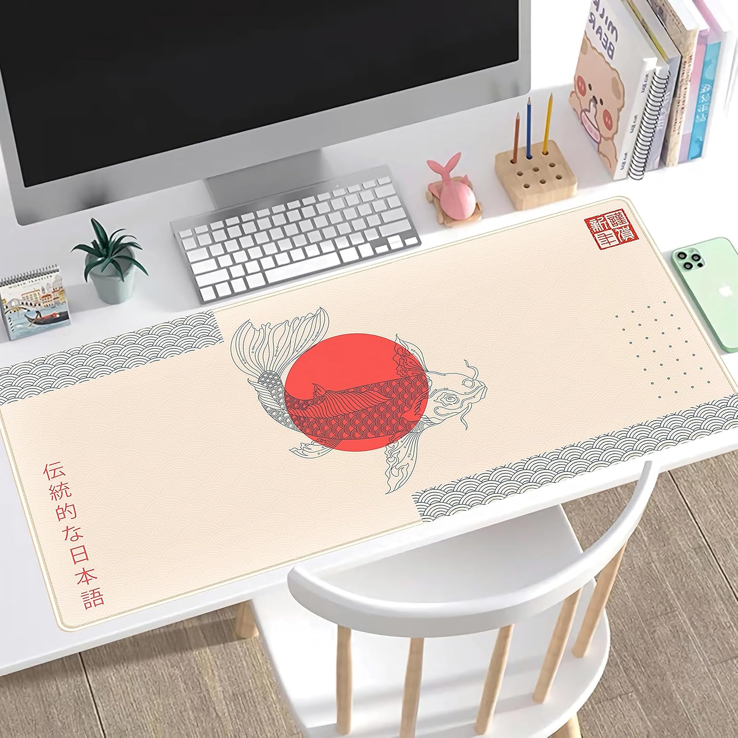 Alfombrilla de mouse de ramen japonés beige con diseño estético de Japón, alfombrilla de mouse de comida de pescado, colores bohemios de moda, XXL,