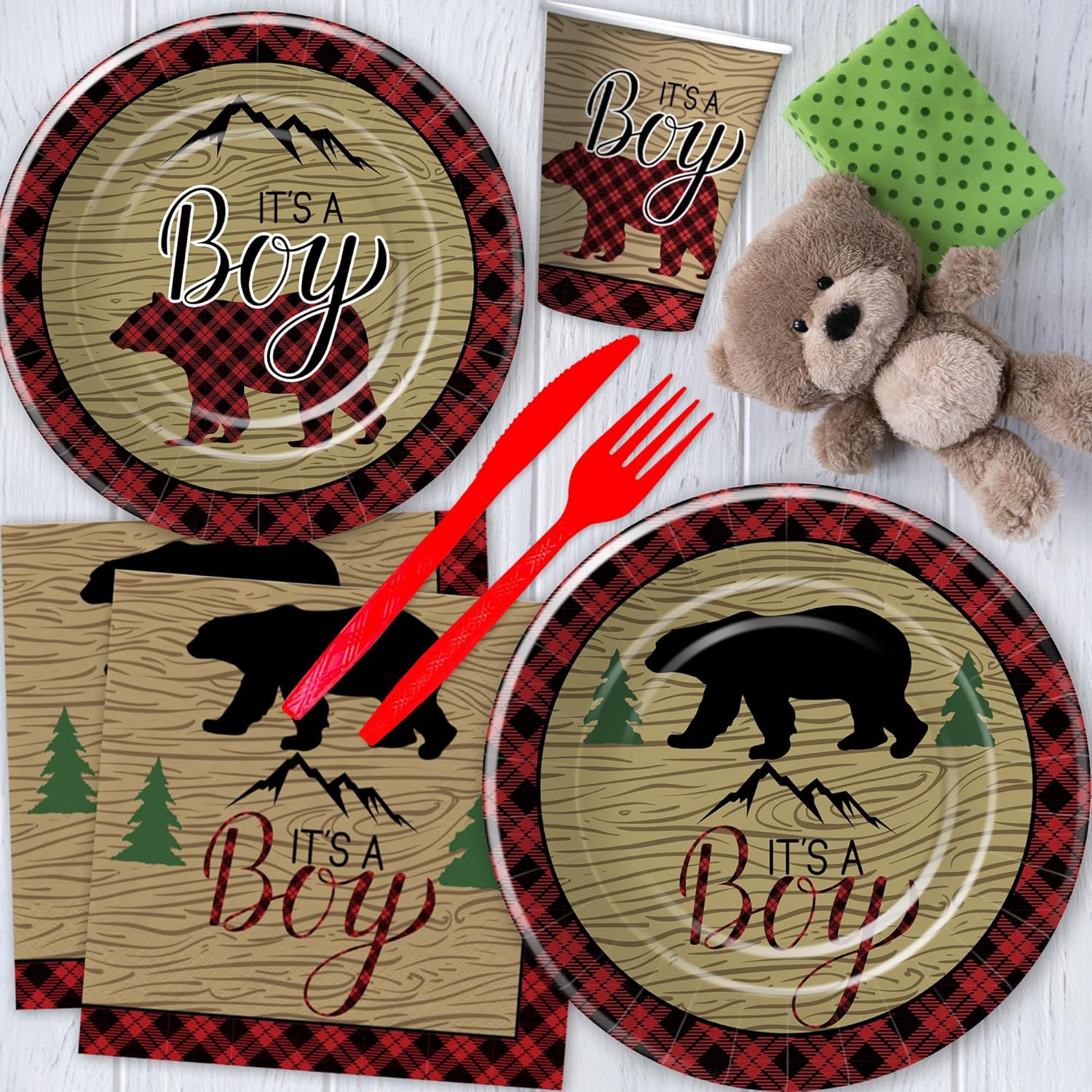 Xigejob Decoraciones de leñador para baby shower, suministros de fiesta de leñador para bebé, plato, taza, servilleta, mantel, cubiertos, búfalo a
