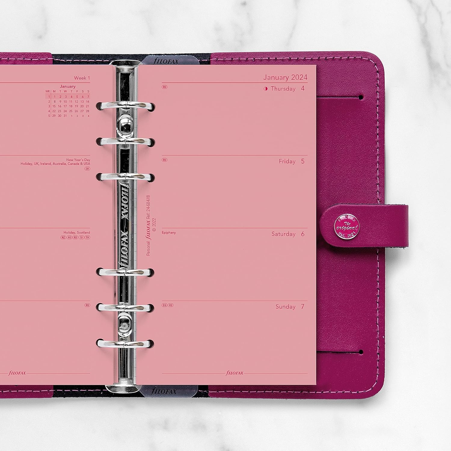 Filofax Recambio de diario de calendario, tamaño personalcompacto, semana a vista, papel rosa, sin rayas, inglés, 2024 (C68478-24)