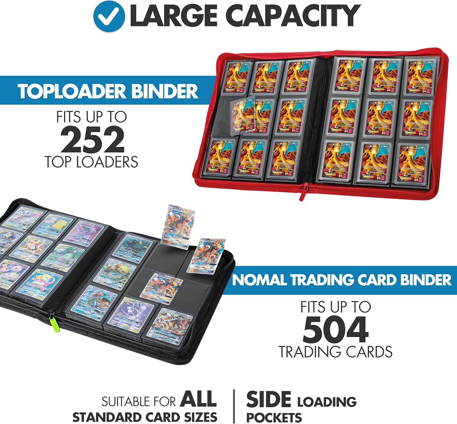 Carpeta Toploader para tarjetas coleccionables, paquete de 2 carpetas, carpeta de 9 bolsillos, carpeta de 252 cargadores superiores, 504 carpetas de