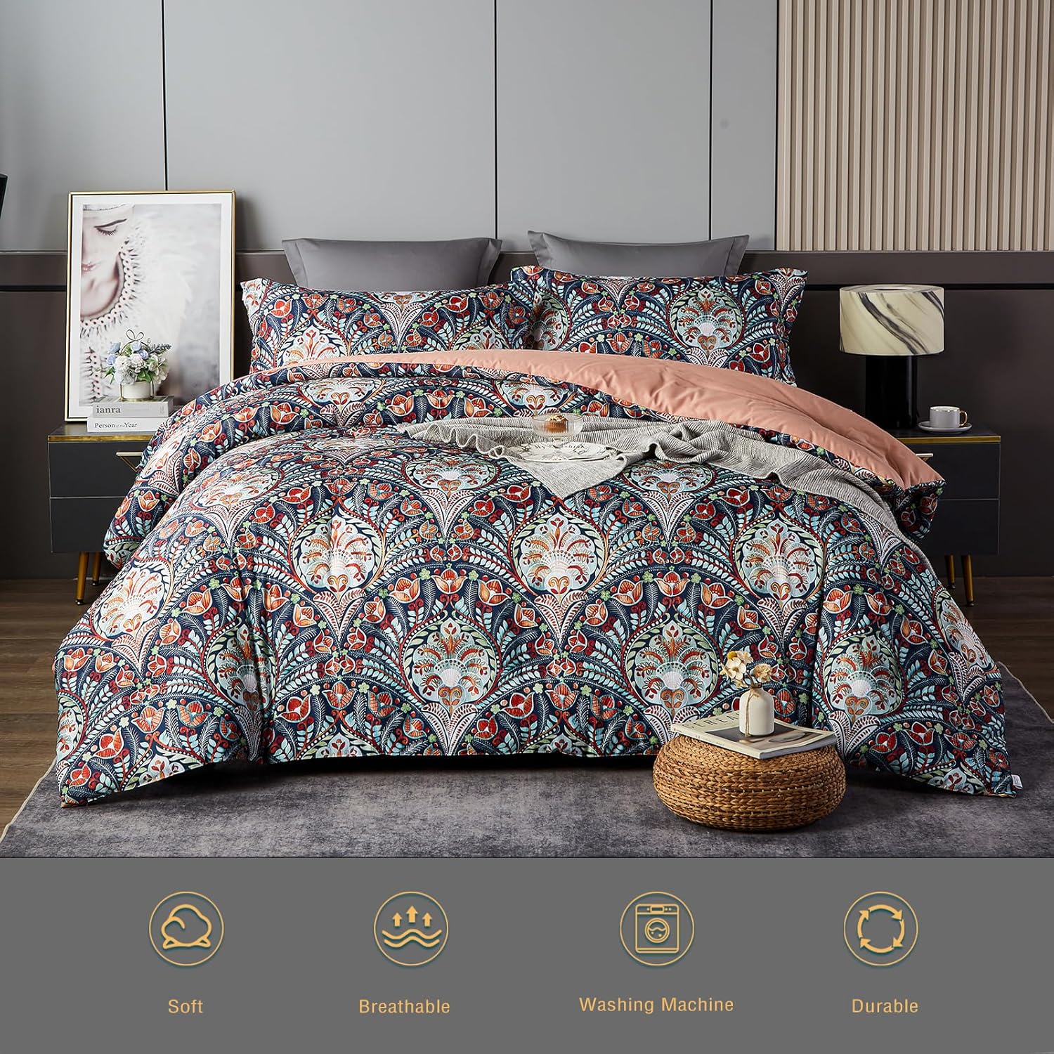 Juego de edredón tamaño King, ropa de cama floral, juego de edredón bohemio, ligero para todas las estaciones, para cama tamaño King, estilo