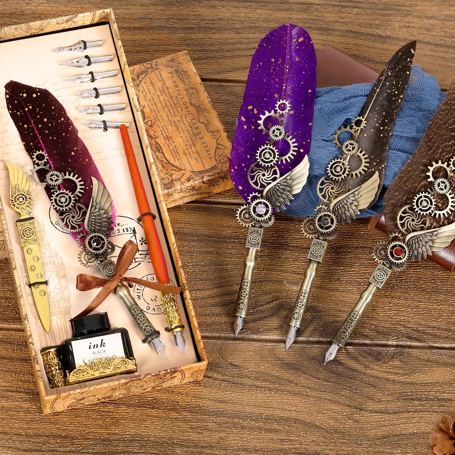 Juego de bolígrafos de caligrafía de pluma  Estilo Steampunk mecánico antiguo  Pluma de diseño mecánico con pluma de inmersión de madera para una