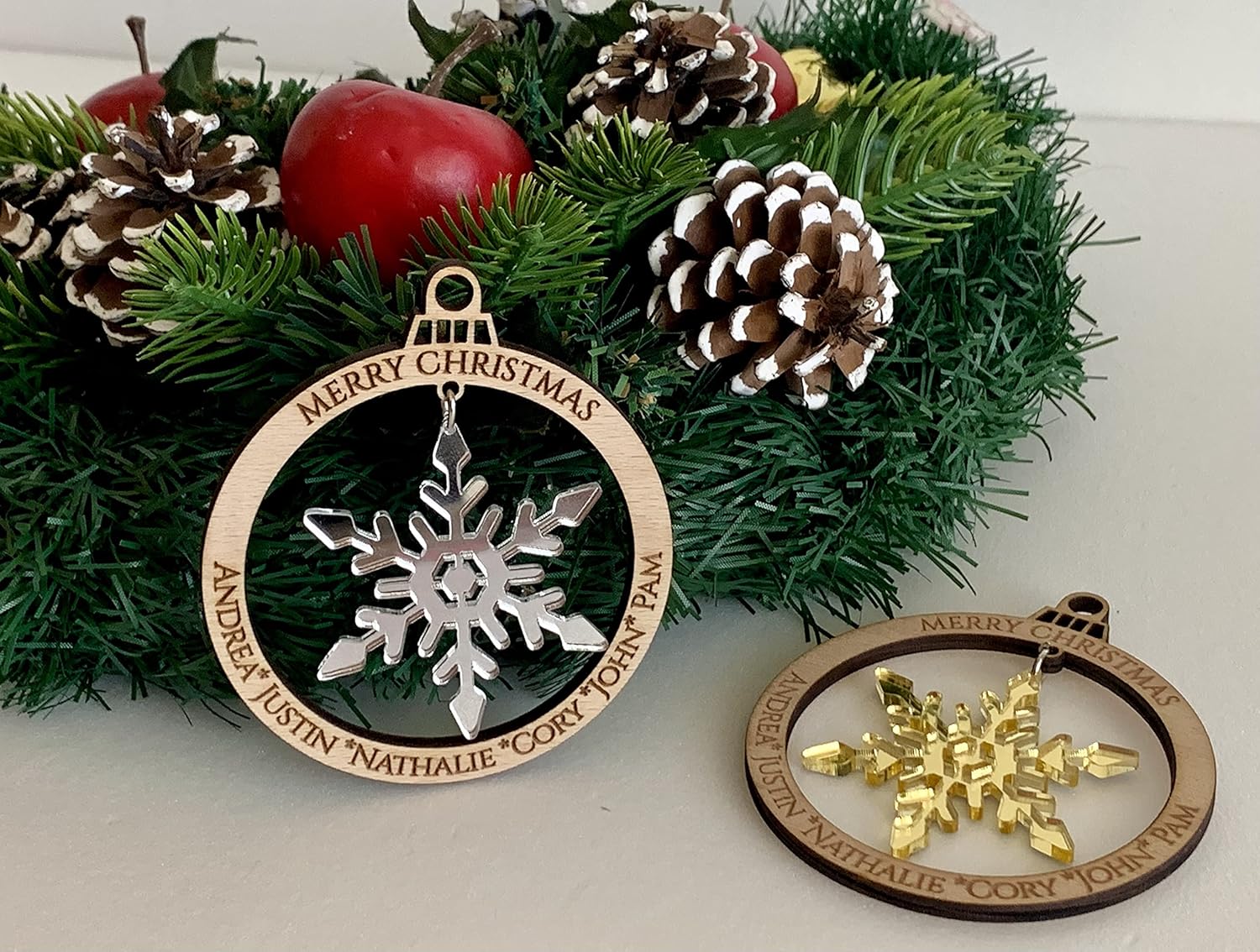 Personalized Christmas 2024 Tree Ornament, Custom Engraved Names, Family Members, Laser Cut Wood Bauble, Hanging Acrylic Snowflakes, Xmas Decor,