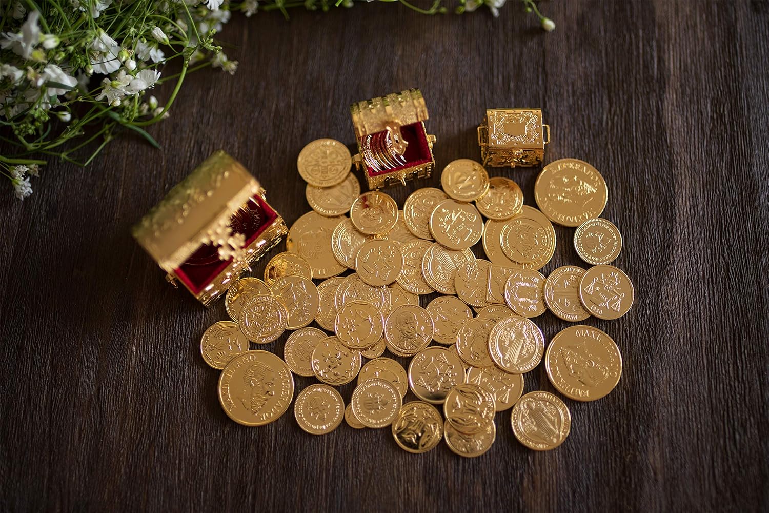 EHV Monedas de unidad de boda de Arras para Boda bañadas en oro con bandeja y caja del tesoro, ceremonia clásica de Arras Matrimoniales, hermoso set