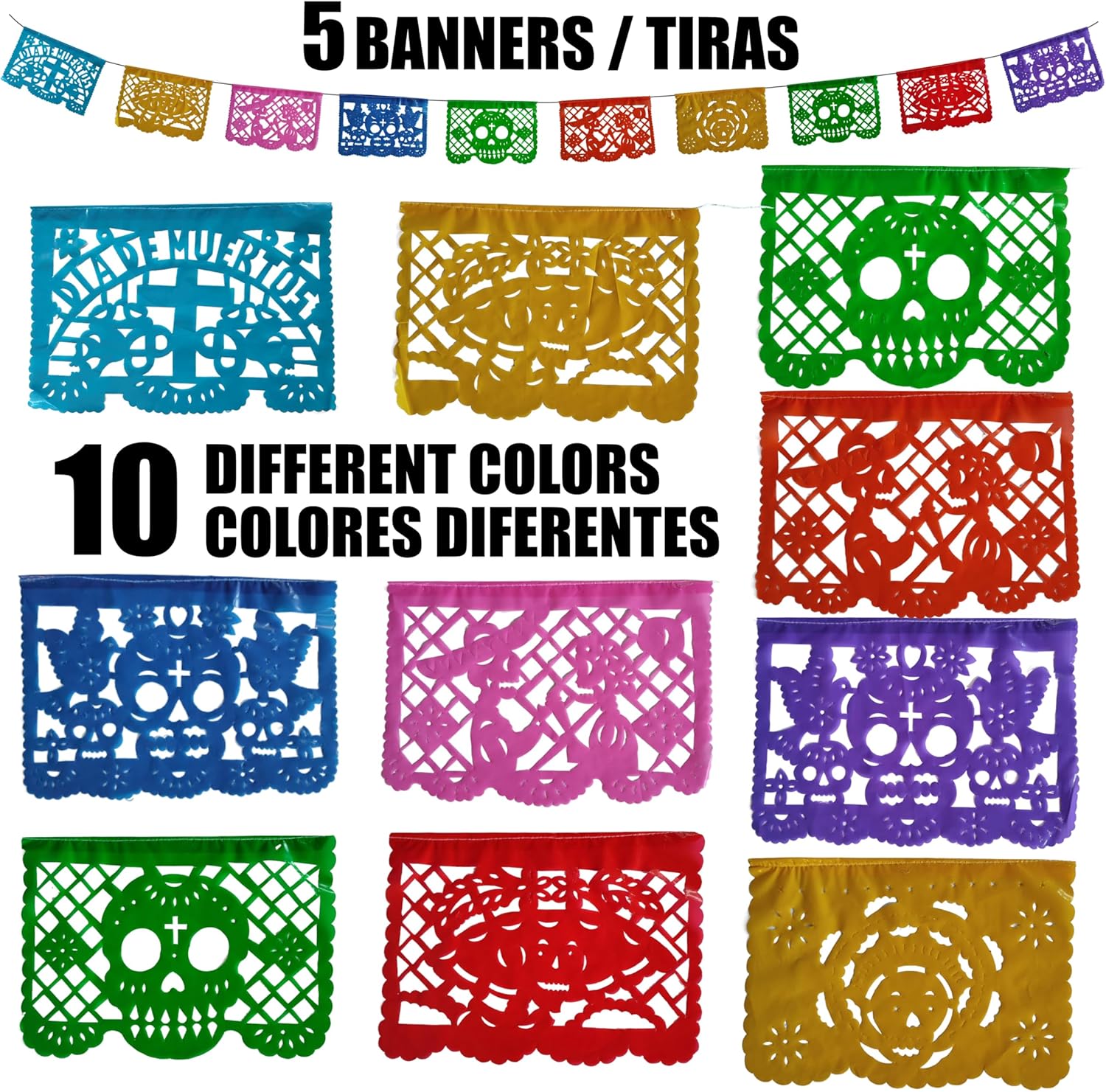 Juego de 5 pancartas mexicanas de plástico multicolor de 13 pies de largo, papel picado Día de los Muertos, 5 tiras de papel picado decoración