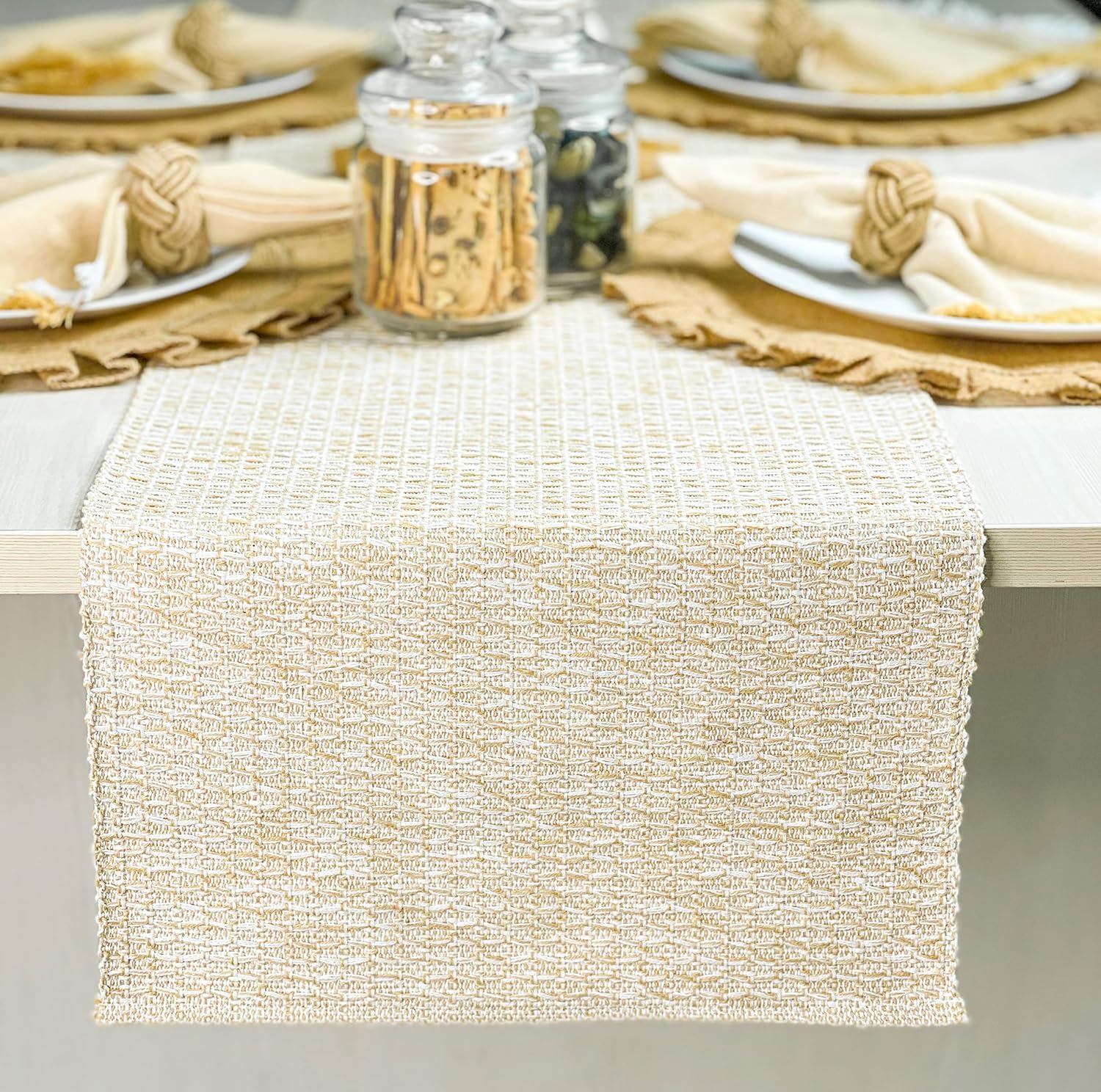 CHARDIN HOME Camino de mesa de algodón reciclado beige neutro, camino de mesa tonal tejido a mano, 13×72 pulgadas, ideal para uso diario, fiestas,