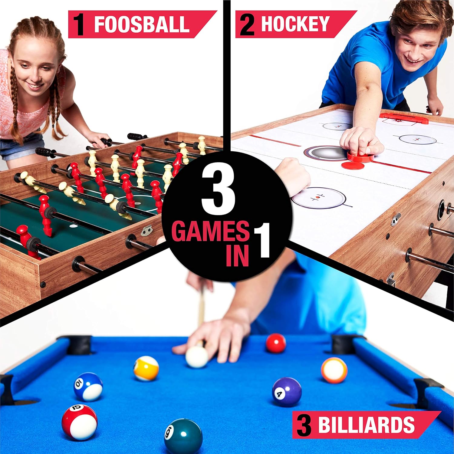Mesa de juego combinada 3 en 1 de 48 pulgadas, 3 juegos con billar, hockey y futbolín, accesorios incluidos