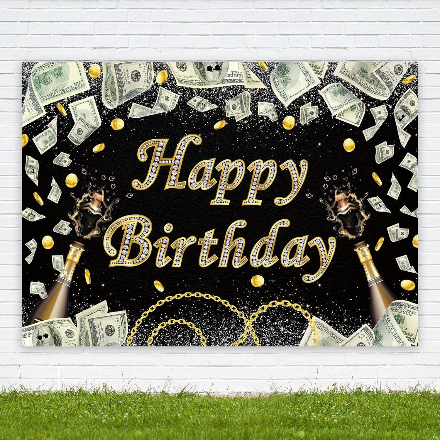 Riyidecor Telón de fondo de cumpleaños con tema de dólar de oro negro, casino, diamante, champán, 7 pulgadas de ancho x 5 de alto, tela de